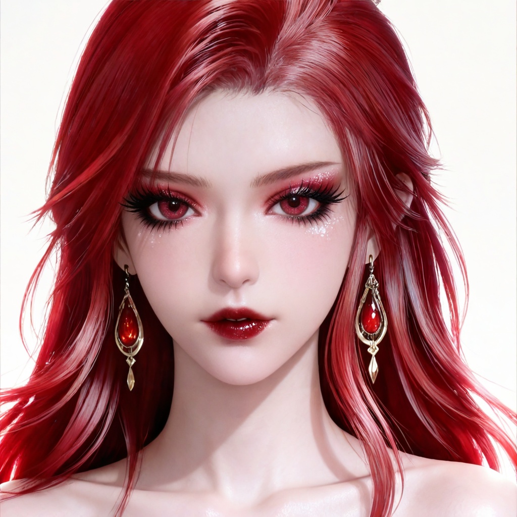 masterpiece,high quality,tall,game cg,highres,(soft light:1.2),white_skin,(shiny_skin:0.6),(realistic:1.1),<lora:马小桃·衣服百搭款·化妆:0.8>,maxiaotao,1girl,solo,earrings,jewelry,red hair,looking at viewer,red lips,makeup,long hair,white background,portrait,red eyes,eyelashes,simple background,eyeshadow,collarbone,lipstick,bare shoulders,realistic,mascara,