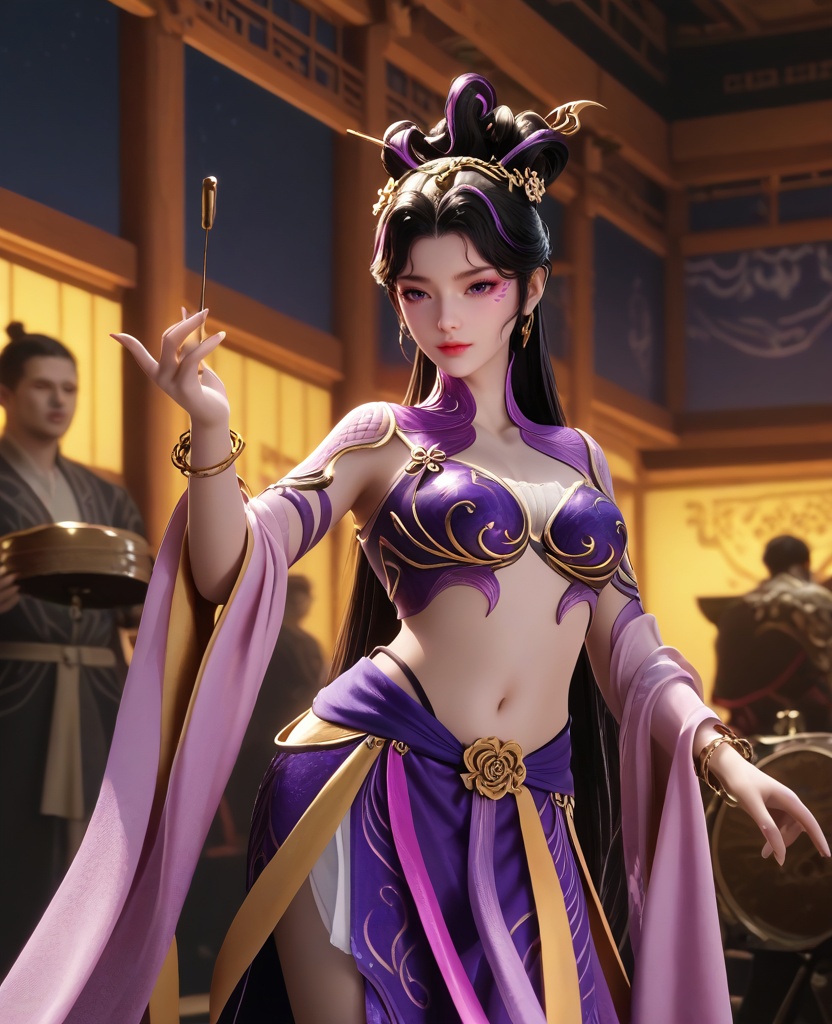 (oriental architecture, elegant decor, sophisticated style:1.1),(drumming:1.1),(breasts:1.2),<lora:XL16牧神记付磬允:0.95>,miss fuqingyun,purple belly dance bra,purple tiered high-low skirt with train,purple eyes,facial mark,black hair,streaked hair,looped bun with tresses,very long hair,hair ornament,jewelry,hagoromo,bracelet,, score_9,score_8_up,score_7_up,score_6_up,score_5_up,score_4_up,3d rendering,tag1,tag2, Cinematic Lighting,backlighting,
