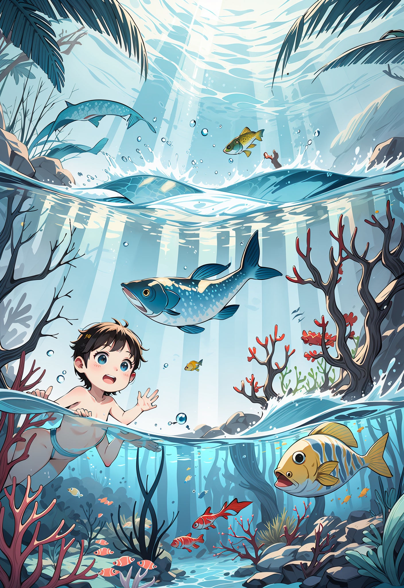 underwater scene, children swimming, fish-shaped floaties, boy with snorkel, girl with inner tube, sea life, bubbles, playful, water surface, sunlight filtering, submerged trees, fish