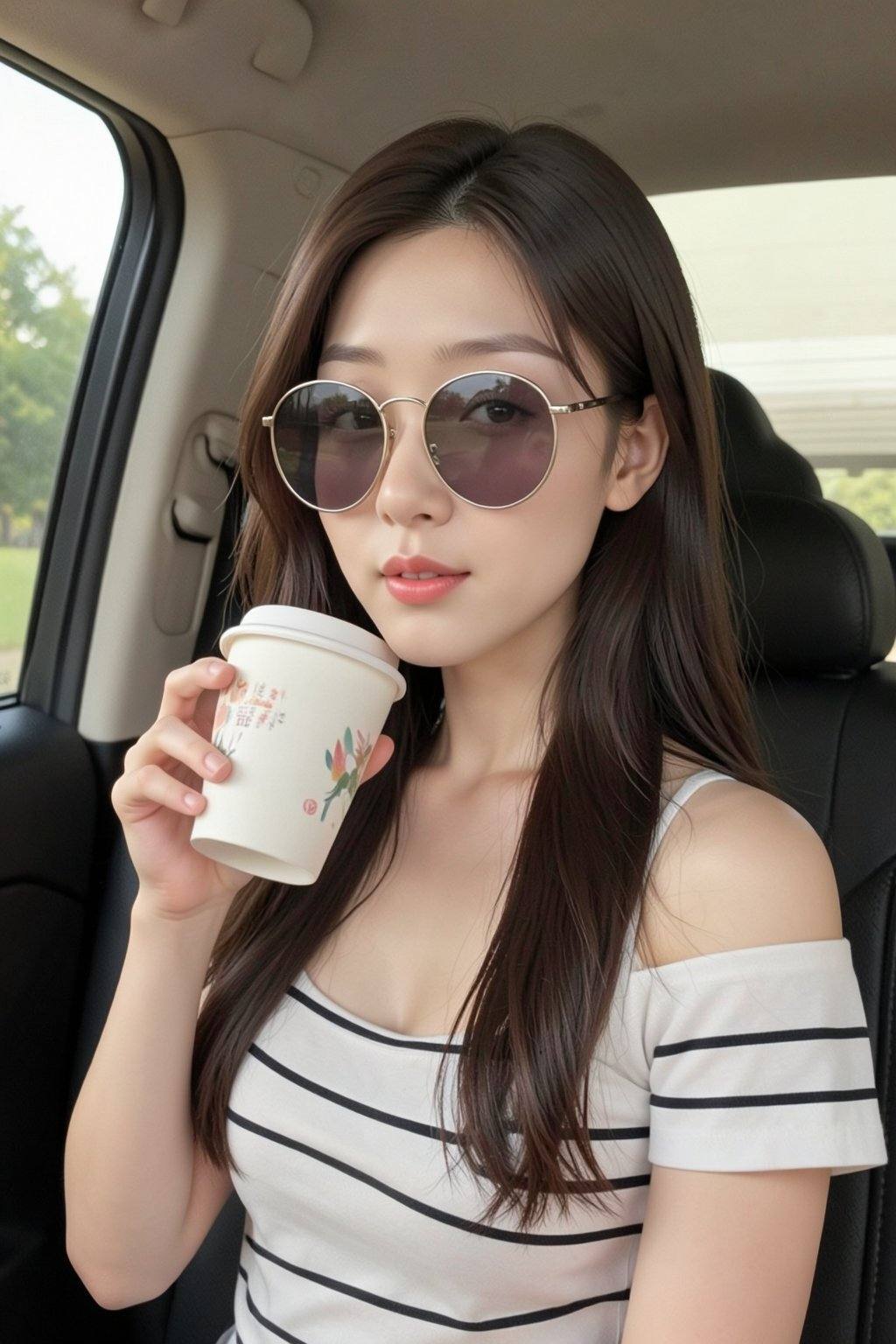 This is a highly detailed digital illustration of a young Asian woman with long,  flowing brown hair,  styled in loose wav...