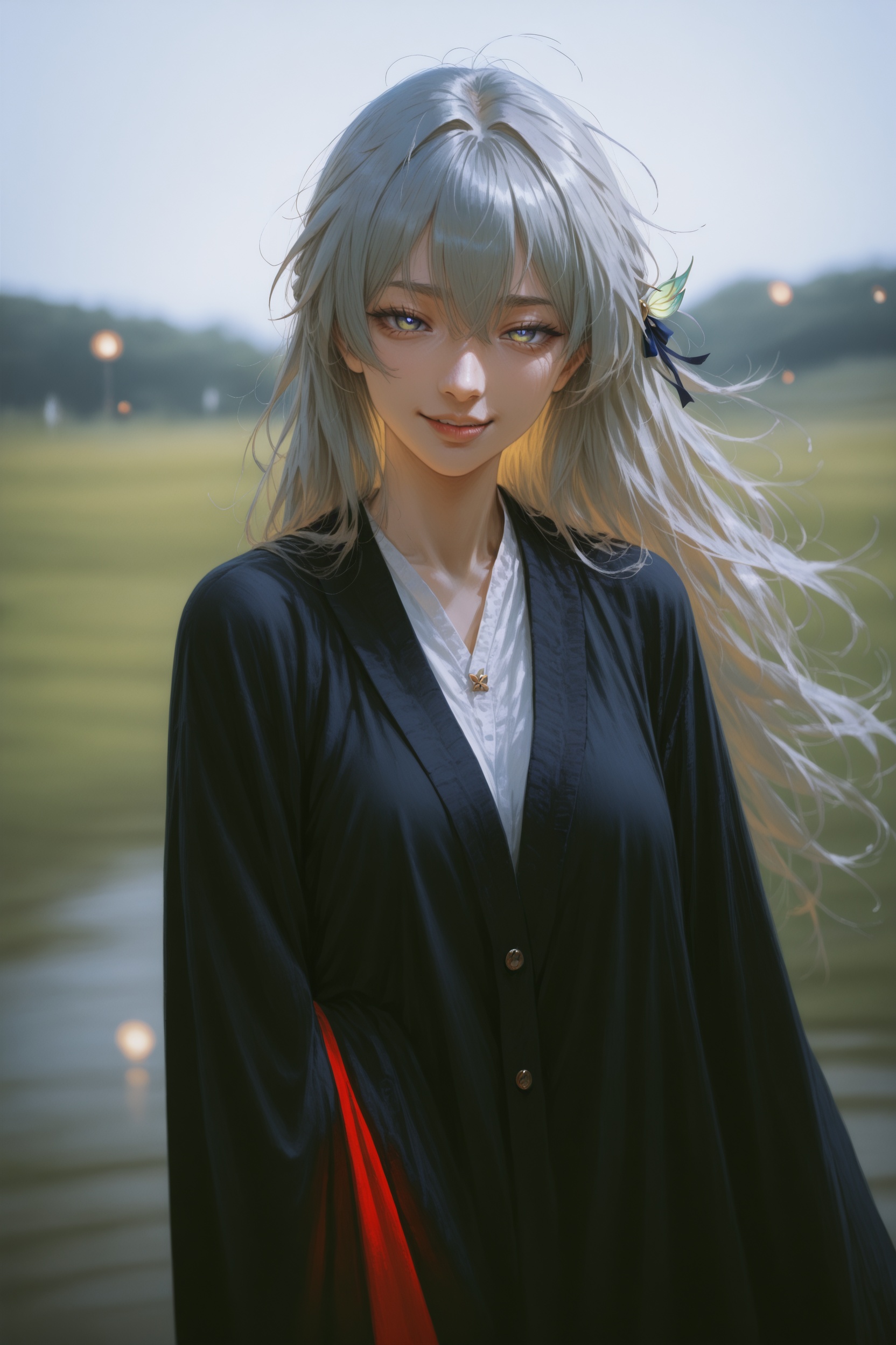 (illustration:1.1),hxxg,(wlop:0.7),anime coloring,.,.,general,.,.,1girl,messy hair,smirk,jewelry,outdoors,firefly \(honkai: star rail\),, very aesthetic, masterpiece, highres, absurdres,