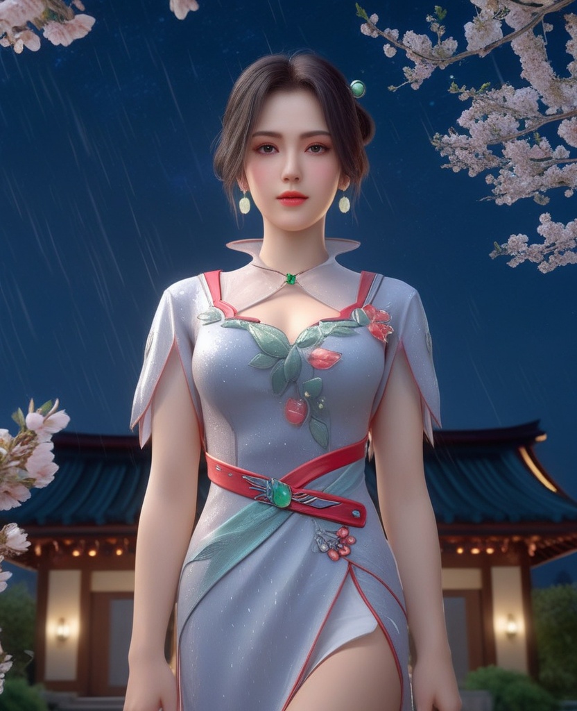 <lora:703-DA-XL-少年歌行-墨花雪:0.8>(,1girl, ,best quality, ),looking at viewer, ,ultra detailed 8k cg, ultra detailed background,  ultra realistic 8k cg,          cinematic lighting, cinematic bloom, (( , )),,  , unreal, science fiction,  luxury, jewelry, diamond, pearl, gem, sapphire, ruby, emerald, intricate detail, delicate pattern, charming, alluring, seductive, erotic, enchanting, hair ornament, necklace, earrings, bracelet, armlet,halo,masterpiece, (( , )),,  ,cherry blossoms,(((, night,night sky,,  ultra high res, (photorealistic:1.4), raw photo, 1girl, , rain, sweat, ,wet, )))(( , ))   (cleavage), (),