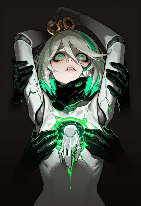 (masterpiece, best quality, ultra detailed, anime realism, cinematic lighting, 8K, 4K, absurdres, newest, high resolution), (hito komoru, hizuki akira:0.8), (rei \(sanbonzakura\), fishine:0.7), (guweiz, honjou raita:0.6), (ciloranko, quasarcake, s16xue, as109, john kafka:0.5), gogalking, BREAK cecilia immergreen, hololive, doll, joints, doll joints, multicolored hair, green hair, grey hair, streaked hair, green eyes, winding key, flat chest, upper body, arms up, naked, (ghost hands, disembodied hands, multiple hands:1.4), chest grab, hand on throat, covering another's eyes, hand on throat, covering eyes, arm grab, no nipples, parted lips, furrowed brow, looking up, heavy breathing, (cracked skin:1.2), glowing green hole in chest, leaking glowing green oil from chest, green glowing oil from eyes, wide-eyed, constricted pupils, scared, BREAK, black background, shadow, deep shadow, chiaroscuro, underlighting