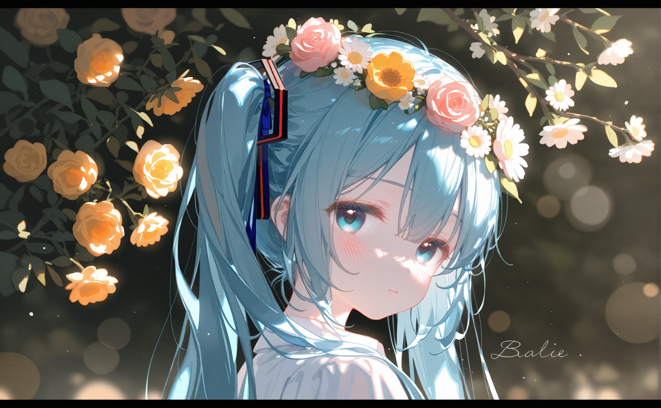 masterpiece,very aware,highres,absurdres,newest,best quality,loli,petite,high quality,chromatic_aberration,cinematic_angle,dutch angle,//,artist:ciloranko,artist:ningen_mame,artist:sho_(sho_lwlw),artist:rhasta,artist:wlop,artist:ke-ta,artist:hiten \(hitenkei\),//best,1girl, hatsune miku, solo, flower, long hair, hair ornament, dappled sunlight, branch, red flower, rose, leaf, blurry, white flower, hair between eyes, hair flower, red rose, aqua hair, aqua eyes, upper body, looking at viewer, blurry background, sunlight, depth of field, parted lips, head wreath, from side, portrait, ribbon, half-closed eyes, backlighting, english text, pink flower, closed mouth, flower wreath, sidelighting, blue eyes, hair ribbon, character name, yellow flower, blue hair, expressionless, outdoors, blush, shade, yellow rose, looking to the side, eyelashes, daisy, twintails, border, pink rose, looking up, plant, white rose, sideways glance, shirt, light particles, looking back, blue ribbon, tree shade, black border, day, close-up, light smile, very long hair, orange flower, bokeh, colored eyelashes, lips, shadow, head tilt, bloom, tree, light blush, miku day
