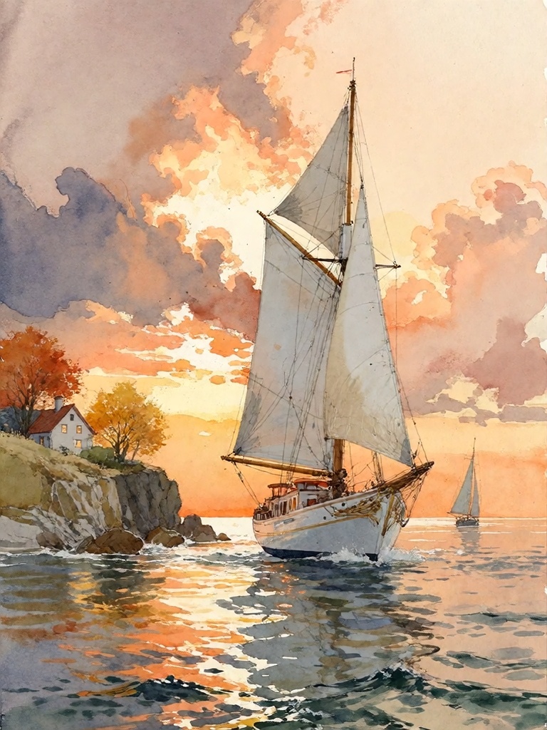 Bradhamel art style.A serene coastal scene at sunset,  featuring a tall sailing vessel with full white sails gliding acros...