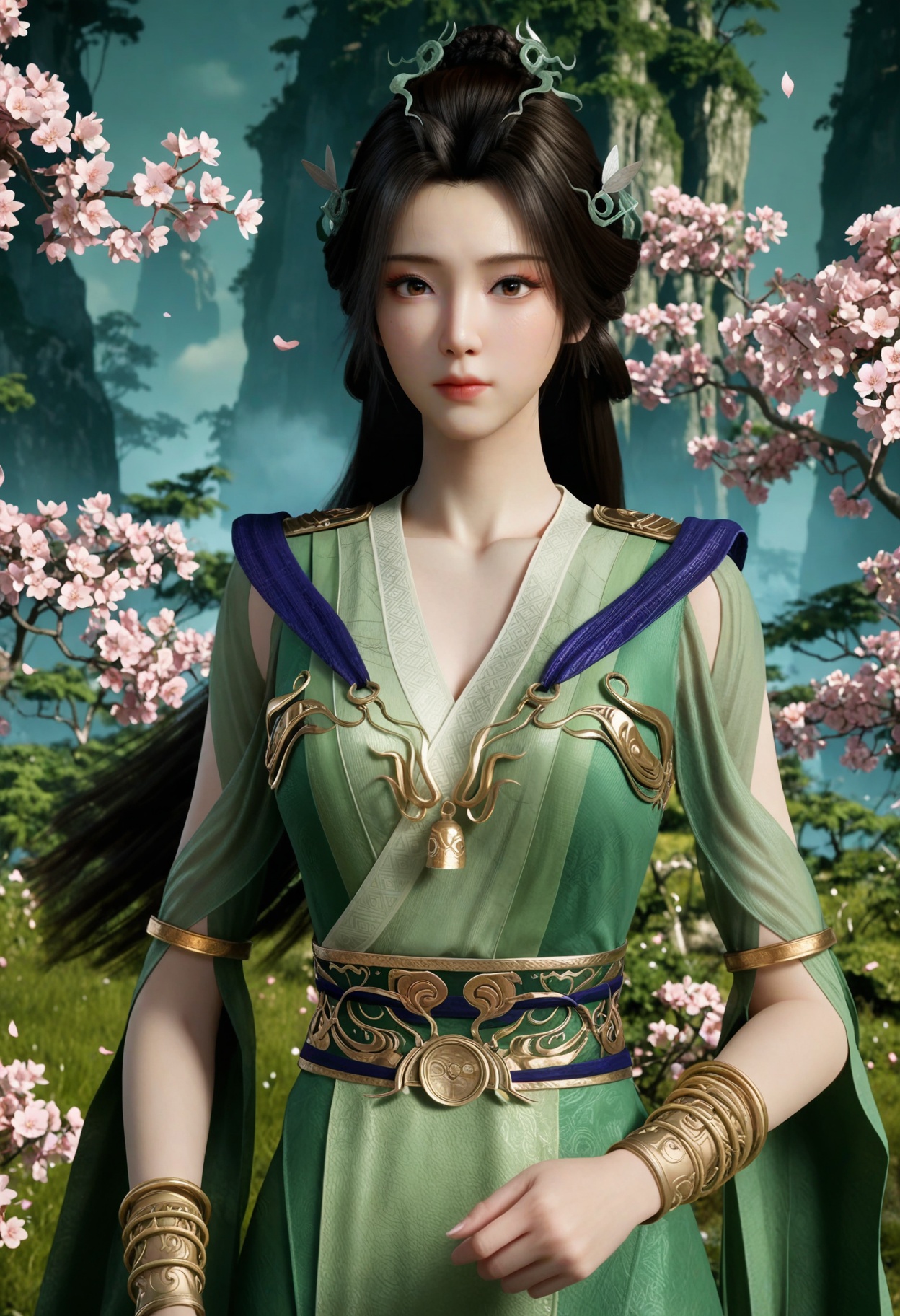 (looking at viewer:1.1),(moody lighting:1.1),peach blossom,falling petals,(large breasts:0.8),hanyunzhi,1girl,solo,black hair,long hair,hair ornament,green dress,realistic,dress,closed mouth,jewelry,bracelet,chinese clothes,sash,brown eyes,hair bun BREAK masterpiece,(best quality),(intricate details:0.9),(realistic skin:1.2),<lora:QQSillhanyunzhiV1:0.8>,