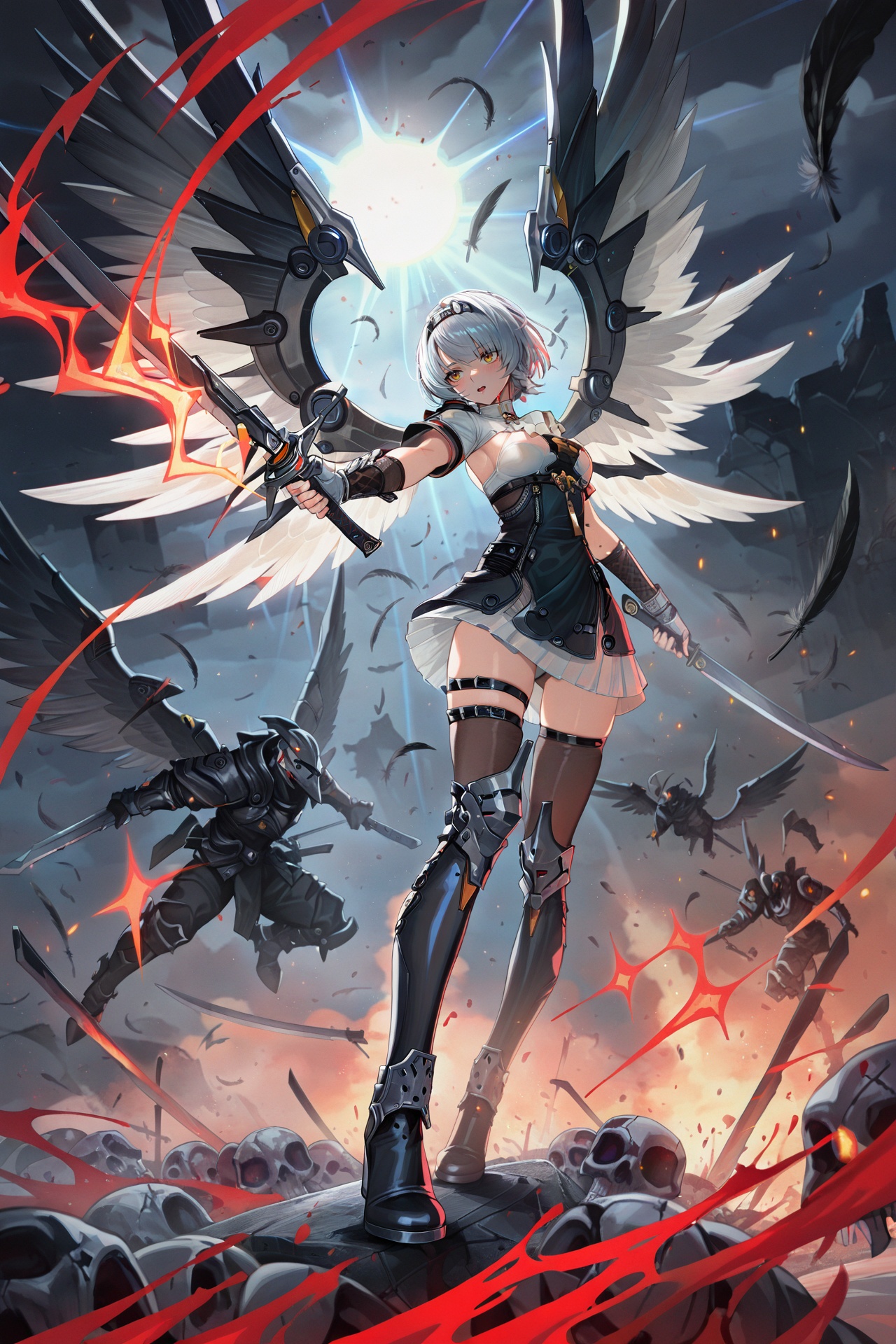 <lora:jijia-gnoobv-Tanger-000014:0.7>,Dynamic illustration,full body,swordsman with white hair,wielding a katana up with dripping blood,double wings,giant wings,feathers falling,battlefield,pile skulls,dark fantasy,dramatic lighting,highly detailed armor,art by Yoshitaka Amano and Ayami Kojima,intricate details,masterpiece,best quality,absurdres,very aesthetic,very awa,newest,748cmstyle,usnr,gbf_style,usnr,<lora:add-detail-xl:0.8>,<lora:anbinew-ill-Tanger-000013:0.9>,anby demara \(silver soldier\),(clothes: silver soldier black and white short dress:1.1),silver soldier clothes,1girl,black knee boots,fingerless gloves,hairband,holding sword,dual wielding,sword with lightning,tantou,dual wielding tantous,