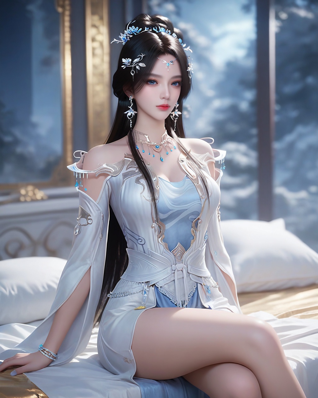 score_9,score_8_up,score_7_up,1girl,jewelry,hair ornament,solo,blurry background,long hair,earrings,black hair,blurry,blue eyes,necklace,dress,<lora:wy_anmiaoyi_XL7.2:0.8>,thick_thighs,bed,sitting,