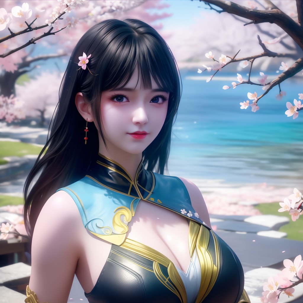 <lora:739-DA-斗破苍穹-慕青鸾:0.8>, (,1girl, ,best quality, ),looking at viewer,  ultra detailed background,ultra realistic 8k cg,ultra detailed 8k cg,masterpiece,upper body,  (( , )),, ,science fiction,mole, ultra realistic 8k cg, ,    ,outdoors, sun,sunlight, cherry blossoms,      (cleavage), (),