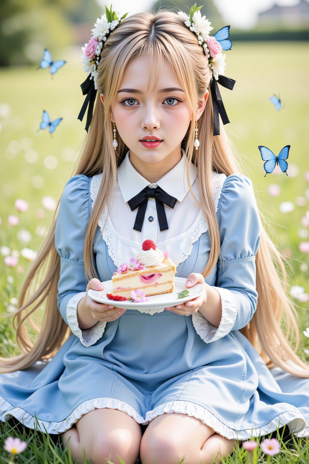 1girl blonde hair dress blue eyes flower butterfly hair ornament food solo long hair bug plate blue dress blue butterfly bow holding cake x hair ornament sitting looking at viewer closed mouth black bow frills long sleeves holding plate hair flower frilled dress feet out of frame hair bow petals grass braid pink flower very long hair blush white flower outdoors fruit hairclip collared dress puffy long sleeves hair between eyes cake slice on grass, <lora:20251105_AgainGirlF1Lora10:1>