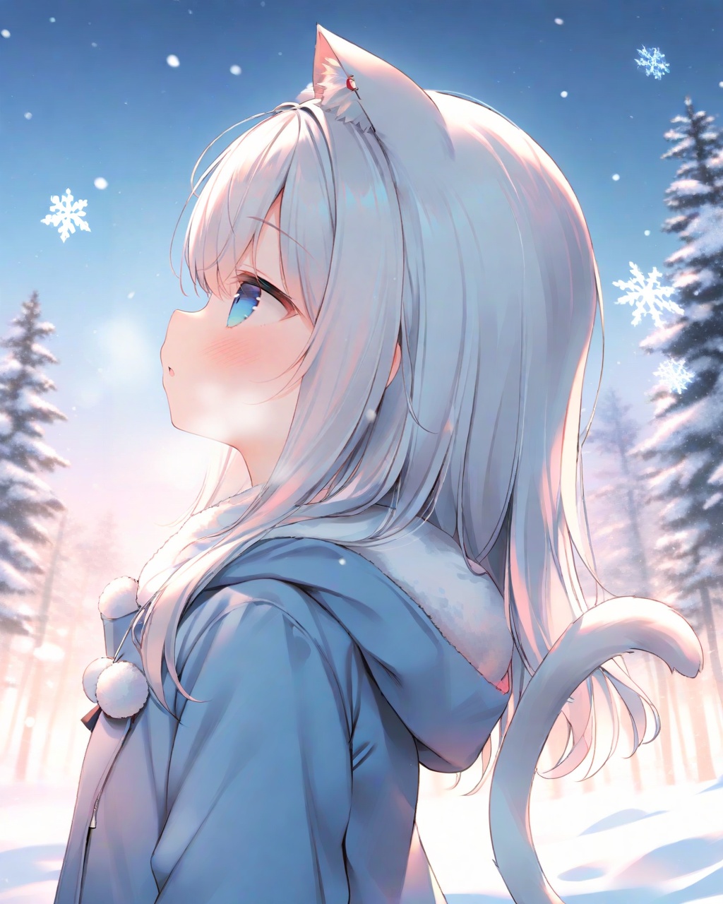 (Best-A:1.1),chen_bin,1girl, animal ears, tail, blue eyes, solo, cat tail, cat ears, cat girl, white hair, hood, long hair, animal ear fluff, hood down, outdoors, snow, blush, parted lips, upper body, tree, snowing, winter, snowflakes, fur trim, breath, looking up, hooded jacket, from side