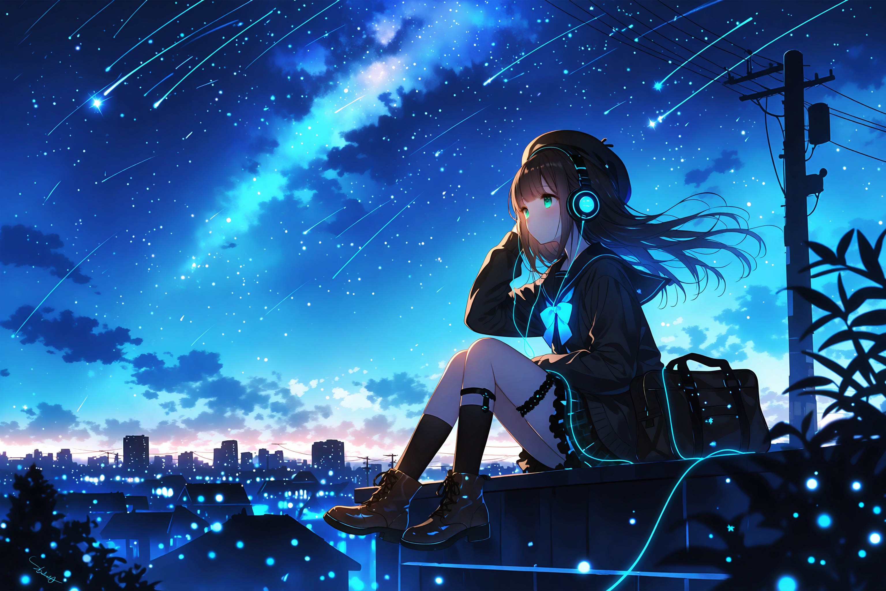 1girl, sky, solo, star (sky), night, starry sky, long hair, sitting, night sky, black socks, headphones, thigh strap, socks, outdoors, black hair, hat, blue eyes, bag, shooting star, beret, cloud, long sleeves, skirt, kneehighs, black footwear, boots, black headwear, cable, shoulder bag, closed mouth, looking afar, floating hair, black jacket, jacket, school bag, sleeves past wrists, tree, blunt bangs, blue theme, black skirt, black cardigan, school uniform, from side, wind, scenery, brown hair, light particles, city lights, blurry, hand on headphones, pleated skirt, knees up, building, skyline, cloudy sky, cardigan, cityscape, shoes, expressionless, sailor collar, meteor shower, dark, city, serafuku, hand up, power lines, nebula, sidelocks, holding, miniskirt, listening to music, backlighting, earphones, diffraction spikes, bridal garter, constellation, depth of field, thigh holster, ankle boots, black serafuku, frills, blue sky, shirt, black sailor collar, legwear garter, signature, duffel bag, milky way, full body, on roof, utility pole, plaid, glowing, sweater, plant, frilled skirt, dusk, leaf, looking ahead, evening, skyscraper, brown footwear, handbag, green eyes<lora:lp37-000040:0.7>
