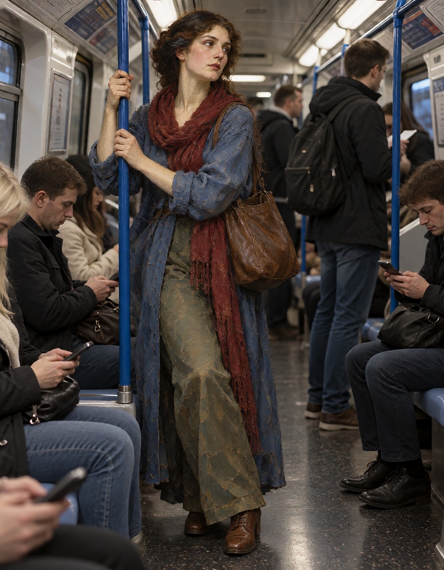 an ***** white woman portrayed as a Pre-Raphaelite oil-painted figure stands in a modern subway,  painted fingers around a...