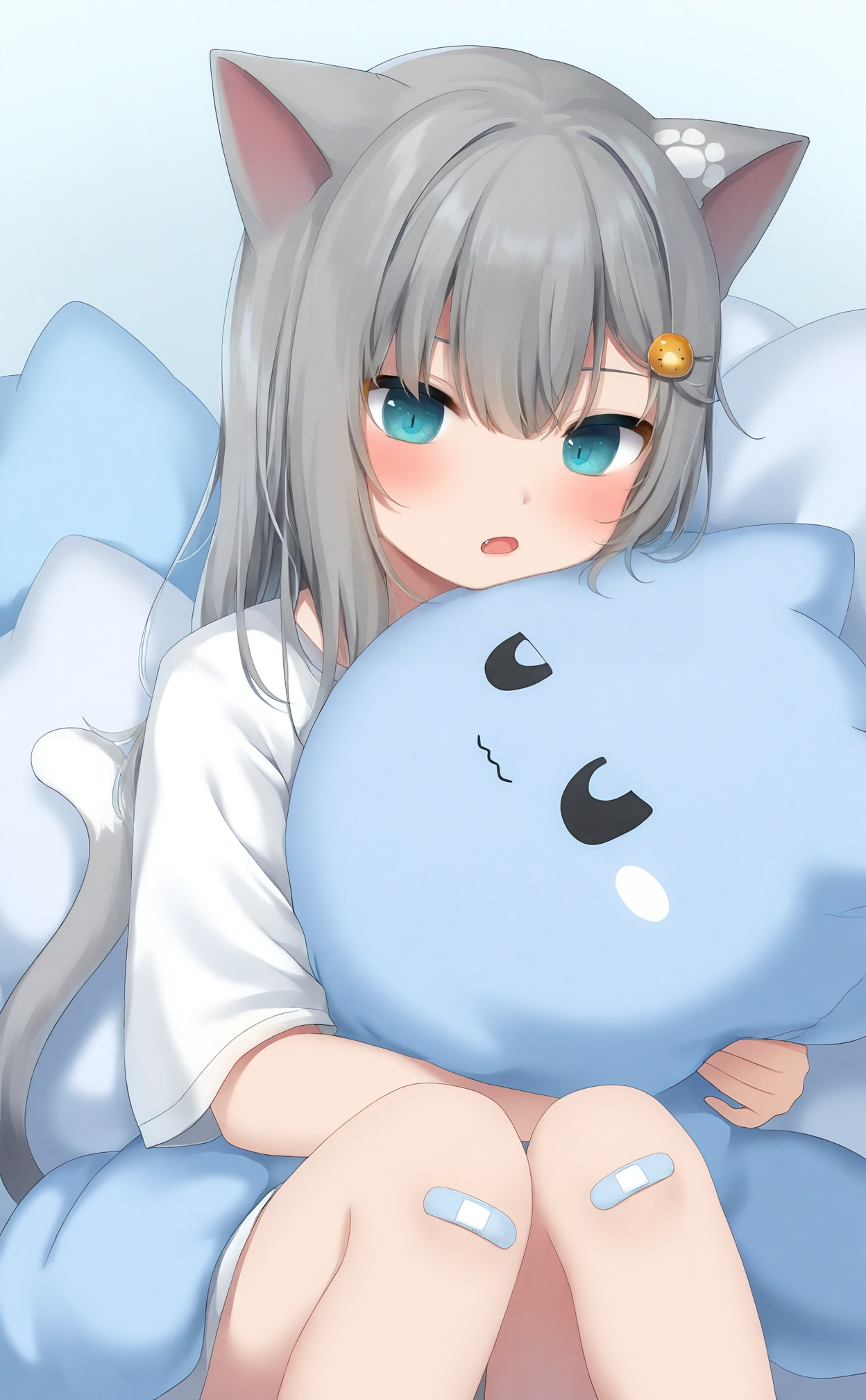 masterpiece,absurdres,best quality,loli,petite,high quality,chromatic_aberration,//,1girl,animal_ears,bandaid_on_leg,grey_hair,cat_ears,solo,shirt,hair_ornament,blue_eyes,looking_at_viewer,long_hair,bandaid_on_knee,white_shirt,bandaid,pillow,hugging_object,short_sleeves,hairclip,knees_up,cat_girl,blush,cat_tail,open_mouth,hair_between_eyes,parted_lips,fang,virtual_youtuber,sitting,tail,pillow_hug,eyebrows_hidden_by_hair,//,//,<lora:gancheng——【noob】hans:0.88>,