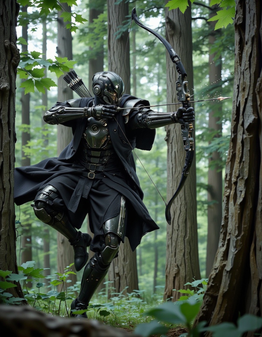 SentinelBot. This is a highly detailed CGI rendering of a futuristic warrior in mid-action,  set within a dense,  verdant...