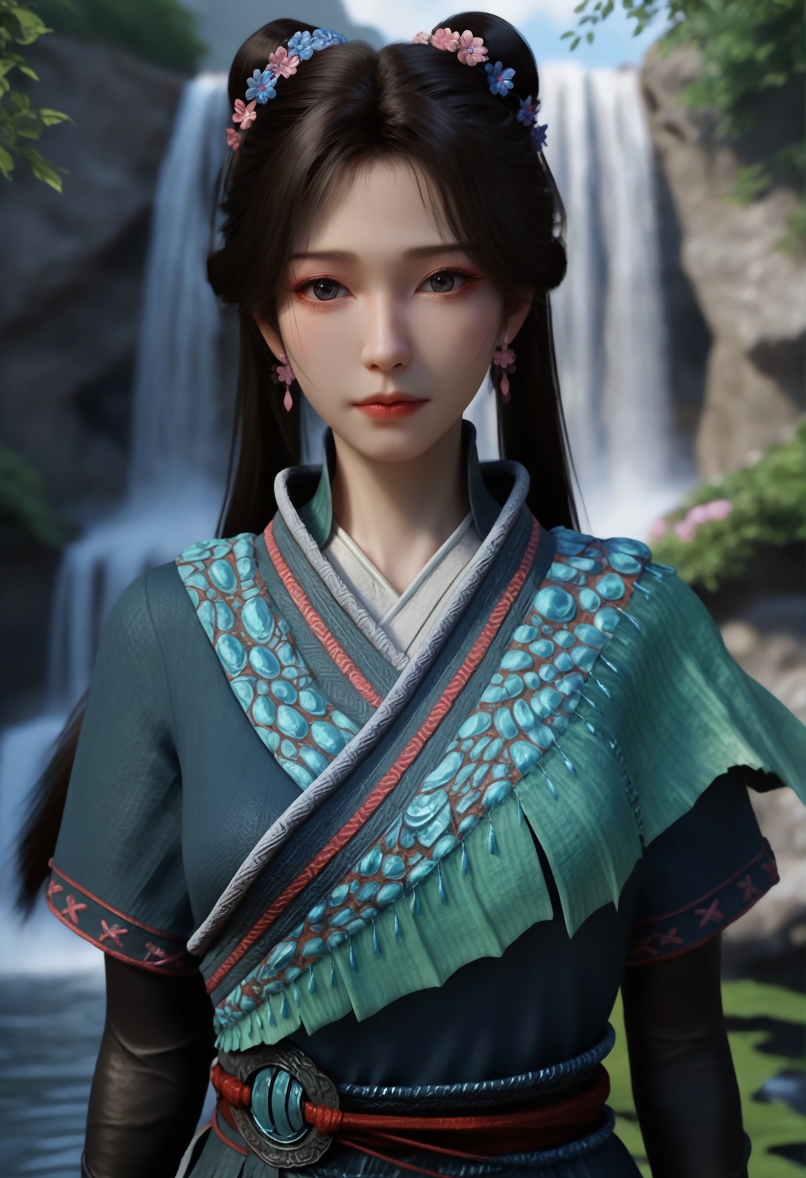 (score_9),realistic,upper body,<lora:梅凝双马尾-Apony:0.85>,meining,1girl,solo,long hair,black hair,twintails,flower earrings,hair flower,<lora:perfect-eyes:0.8>,grey_iris,(black eyes),front view,looking at viewer,high collar,chinese clothes,belt,elbow gloves only,bare hand,(mature:1.1),((arms_behind_back)),<lora:e色温:0.5>,<lora:e肤色滑块:0.5>,outdoors,waterfall,light rays,light particles,softened light,simple background,<lora:皮肤凹痕:1.2>,<lora:detailed_notrigger:1.5>,<lora:SkinRealityOrg_ponyv6_loraplus:0.35>,real skin,