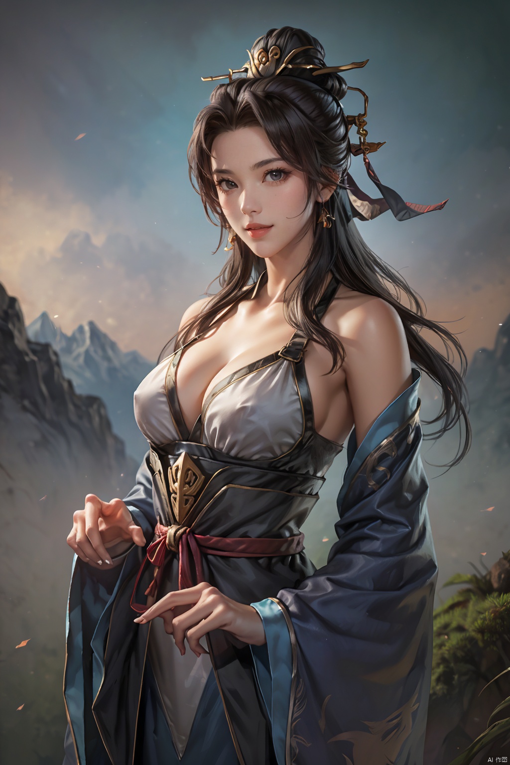 high definition, color trace, (High quality, High resolution, High quality, Fine details), Realistic, Dramatic Shadows, SGZ2, 1girl, solo focus, solo, looking at viewer, long curly hair, black hair, bangs, red drees, mountain background, ,sanguo style, happy, sgz11, ((poakl)), jewelry, hanfu, white_bikini_bottom, 舞剑,bikini armor,bare shoulders<lora:EMS-200132-EMS:0.700000>, <lora:EMS-223279-EMS:0.300000>, <lora:EMS-281644-EMS:0.300000>, <lora:EMS-381946-EMS:0.600000>, <lora:EMS-396067-EMS:0.400000>, <lora:EMS-346315-EMS:0.800000>