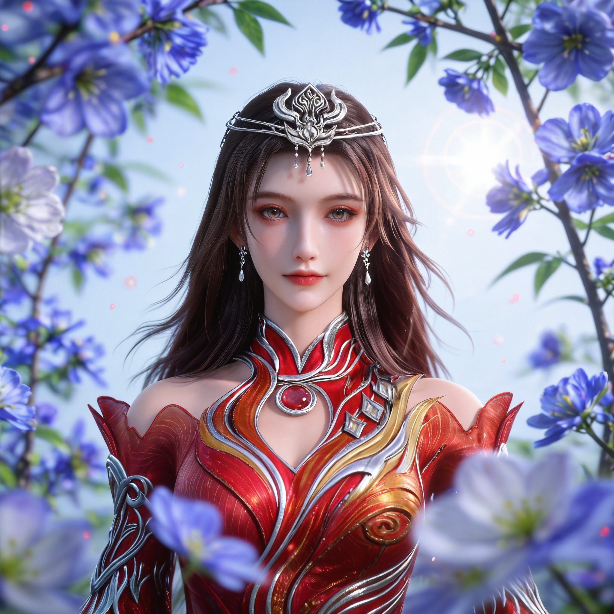 <lora:神墓3-灵尸雨馨Pony:0.7> 1girl,  long hair, brown hair, hair ornament, dress,  jewelry, bare shoulders, earrings, detached sleeves, clothing cutout, bare legs,  red nail polish,red dress, tiara, arm tattoo,, realistic style,white background,upper body,looking at viewer,dynamic posture,, realistic style photo,outstanding style,adding a touch of dimension to your images without compromising details,whirls of vapor,ethereal ambiance,delicate details,magical atmosphere,concept art,highly detailed,ultra-high resolution,32K UHD,sharp focus,best-quality,masterpiece,golden hour,unconventional supreme masterpiece,masterful details,temperate atmosphere,with a high-end texture,in the style of fashion photography,magazine style,Dynamic Angle,Dynamic posture,(cowboy_shot:1.2),depth of field,lens flare,extreme aesthetic,masterpiece,best quality,good quality,newest,year 2025,very aesthetic,absurdres,Visual impact,A shot with tension,ultra-high resolution,32K UHD,sharp focus,best-quality,masterpiece,Emotionalization,unconventional supreme masterpiece,masterful details,temperate atmosphere,with a high-end texture,in the style of fashion photography,(Visual impact:1.2),giving the poster a dynamic and visually striking appearance,, solo,  upper body, blue flower, looking at viewer, snowflakes, closed mouth, branch,