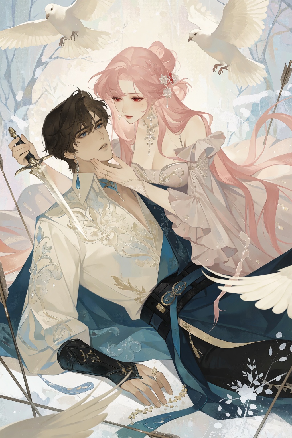 In a medium-full shot with a soft,  ethereal pastel palette,  a sorrowful man with short dark brown hair and blue eyes wea...