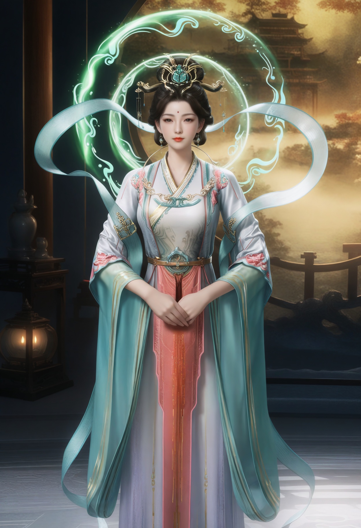 masterpiece,best quality,amazing quality,very aesthetic,high resolution,ultra-detailed,absurdres,scenery,photorealistic,(looking at viewer:1.1),(Dark room:1.3),(moody lighting:1.1),peach blossom,falling petals,(large breasts:0.8),xiwangmu,1girl,solo,black hair,hair ornament,jewelry,earrings,chinese clothes,forehead mark,light particles,swirling aura,realistic,hair bun,shawl,hanfu,red lips,long sleeves,closed mouth,high heels BREAK photorealistic details,<lora:QQSillxiwangmuV1:0.8>,