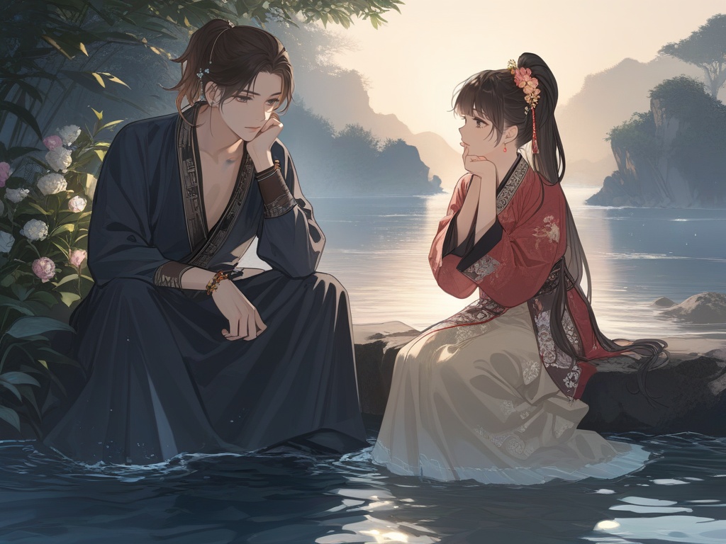 (best quality), ((masterpiece)), (highres), illustration, original, extremely detailed, <lora:Old wind:0.7>1girl, 1boy, long hair, long sleeves, chinese clothes, flower, hair ornament, water, holding, ponytail, bracelet, lantern, sitting, black hair, brown hair, hand on own face, bangs, jewelry, hair flower, head rest, beads, hand on own cheek, scroll