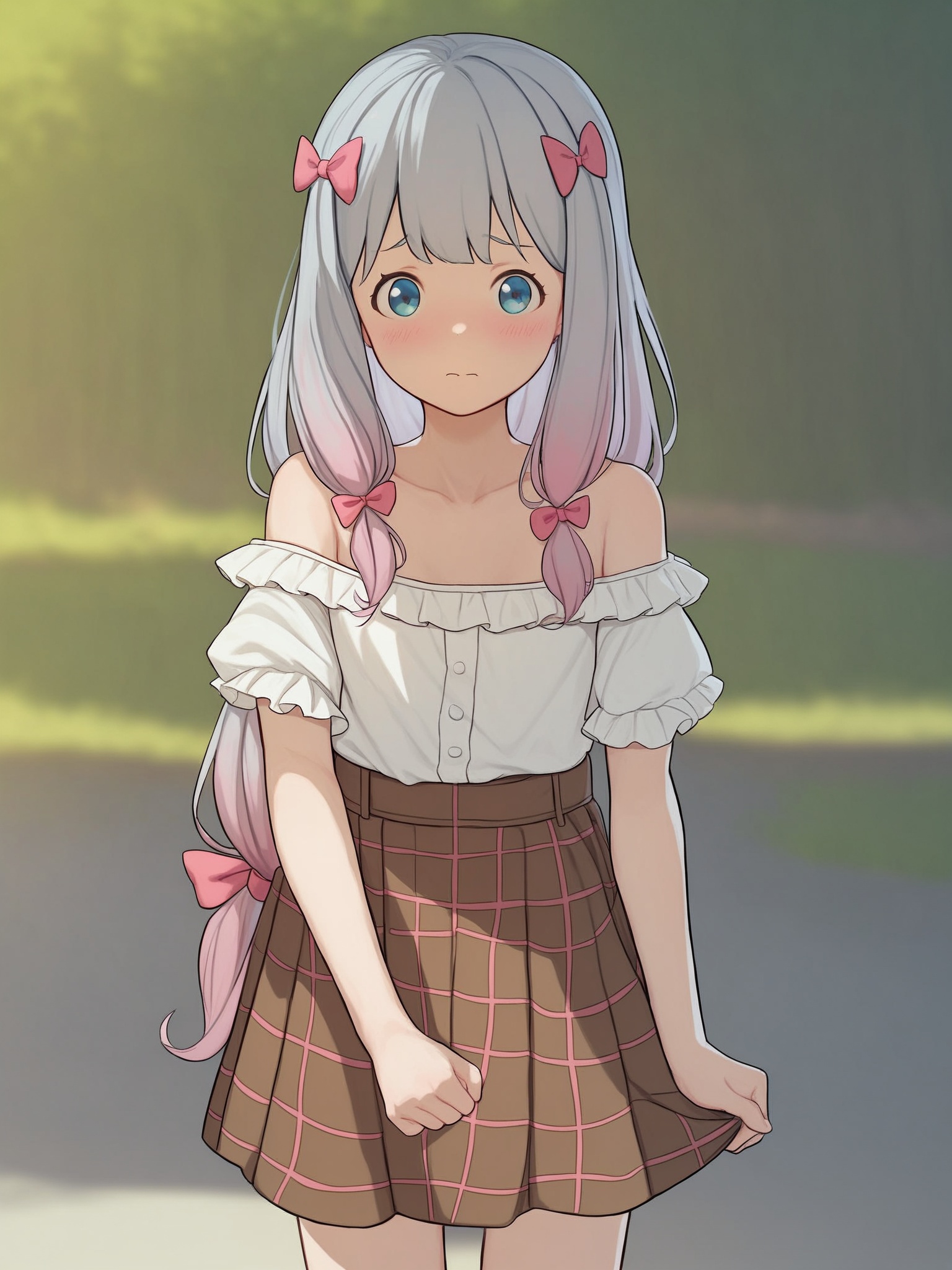 score_10,score_9,score_8_up,score_7_up,1girl,izumi sagiri,solo,long hair,skirt,hair bow,bow,shirt,outdoors,off-shoulder shirt,looking at viewer,collarbone,off shoulder,white shirt,brown skirt,blush,short sleeves,plaid,plaid skirt,blurry background,low-tied long hair,grey hair,blurry,bare shoulders,frilled shirt,frills,