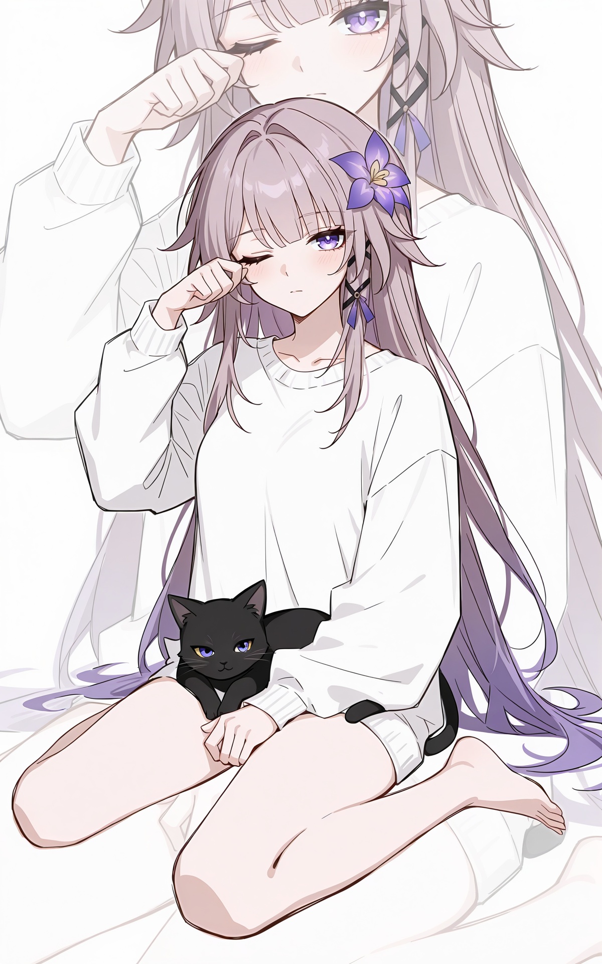 <lora:xl-ill-The Herta(honkai_star rail)-v1-000010:0.8>,The Herta\(honkai:star rail\),1girl,long hair,flower,purple eyes,zoom layer,purple flower,hair flower,wariza,purple hair,one eye closed,very long hair,long sleeves,hair ornament,white background,sitting,solo,white shirt,shirt,alternate costume,rubbing eyes,multicolored hair,simple background,cat,breasts,closed mouth,blush,looking at viewer,full body,sweater,bare legs,grey hair,<lora:illustrious_Simple Flat Coloring_v2-000028:0.75>,Simple Flat Coloring,sketch,line,background blurring,