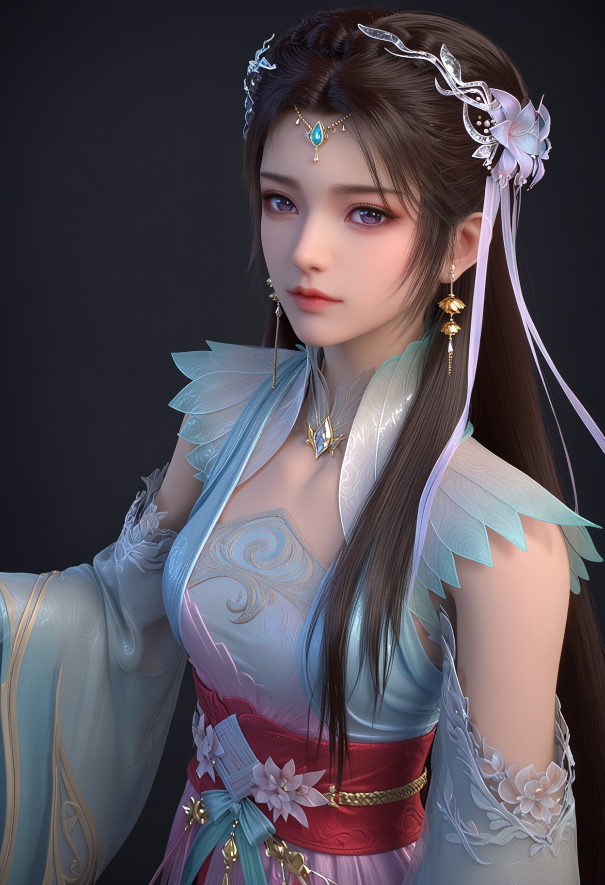 (upper_body:1.2),(looking at viewer:1.1),facing viewer,direct gaze,<lora:YQ_pony_yiwenjun_V5:0.8>,1girl,q1528437228,solo,long hair,hair ornament,jewelry,earrings,dress,black hair,brown hair,sash,blue dress,hair bun,detached sleeves,forehead mark,long sleeves,purple eyes,hair flower,necklace,blue eyes,purple footwear,BREAK simple background,pure black background,black background,perfect anatomy,