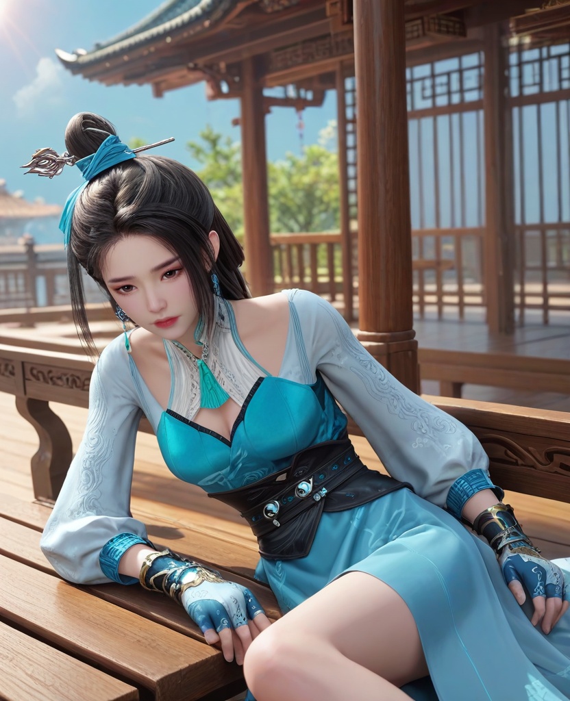 (oriental architecture, elegant decor, sophisticated style:1.1),(Sitting on a bench with one arm resting on the backrest:1.1),(breasts:1.2),<lora:XLCG师兄蓝灵娥:0.95>,miss lanlinge,blue dress,brown eyes,black hair,low-tied long hair,hair ornament,hair bun,sash,puffy sleeves,fingerless gloves,earrings,jewelry,, score_9,score_8_up,score_7_up,score_6_up,score_5_up,score_4_up,3d rendering,tag1,tag2, Cinematic Lighting,backlighting,