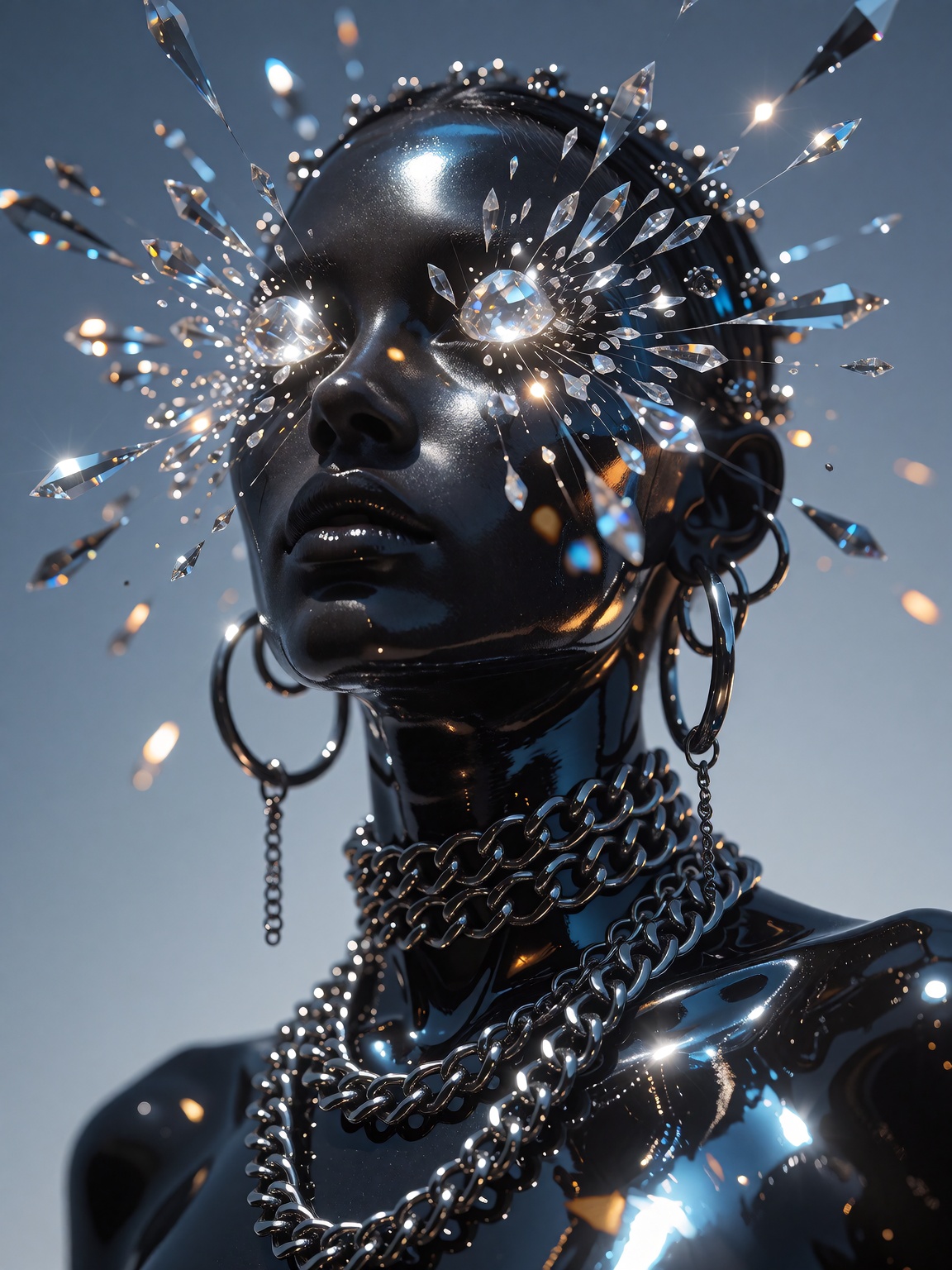 A cyber-futurist portrait of an obsidian-skinned figure adorned with layered silver chains and hoop earrings,  their eyes...