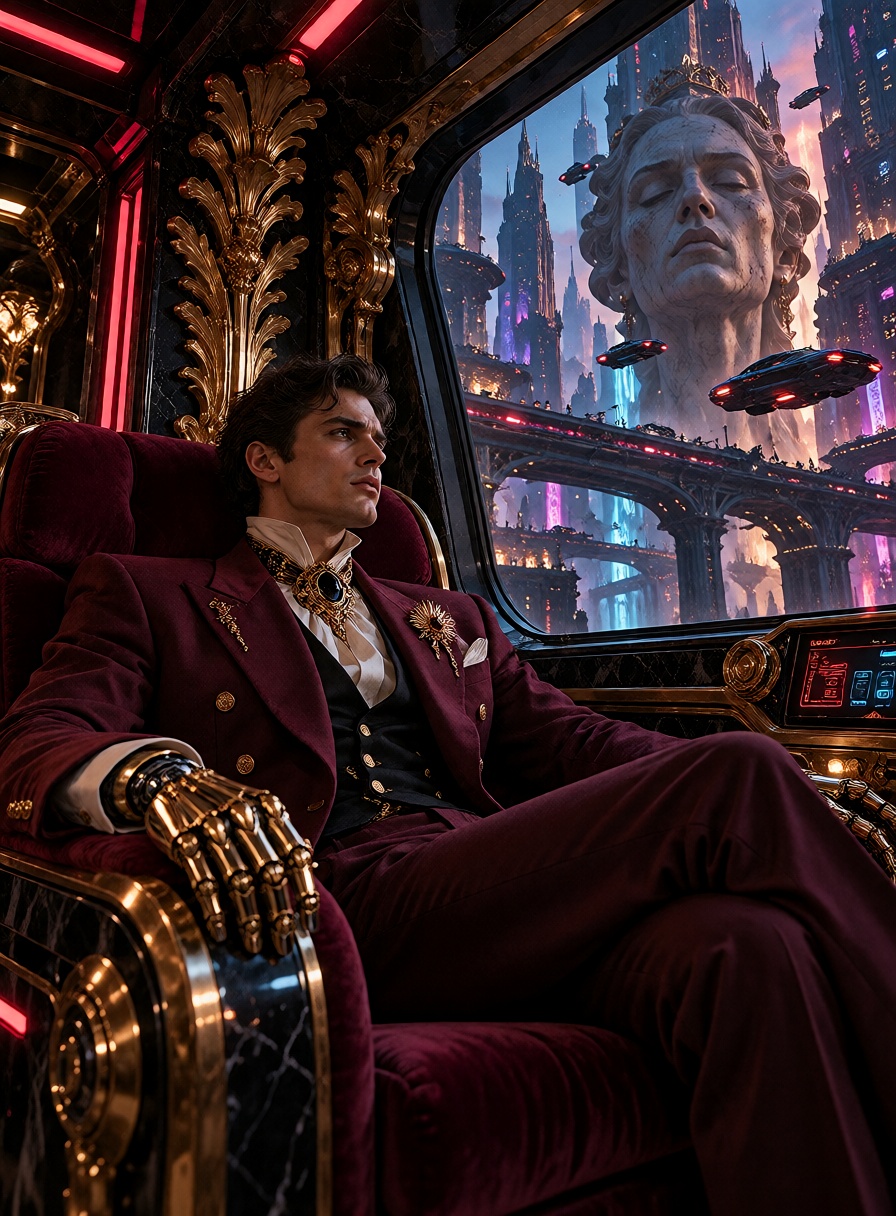 A young dark-haired man reclines in a burgundy velvet passenger seat inside an ornate futuristic vehicle. He wears a broad...
