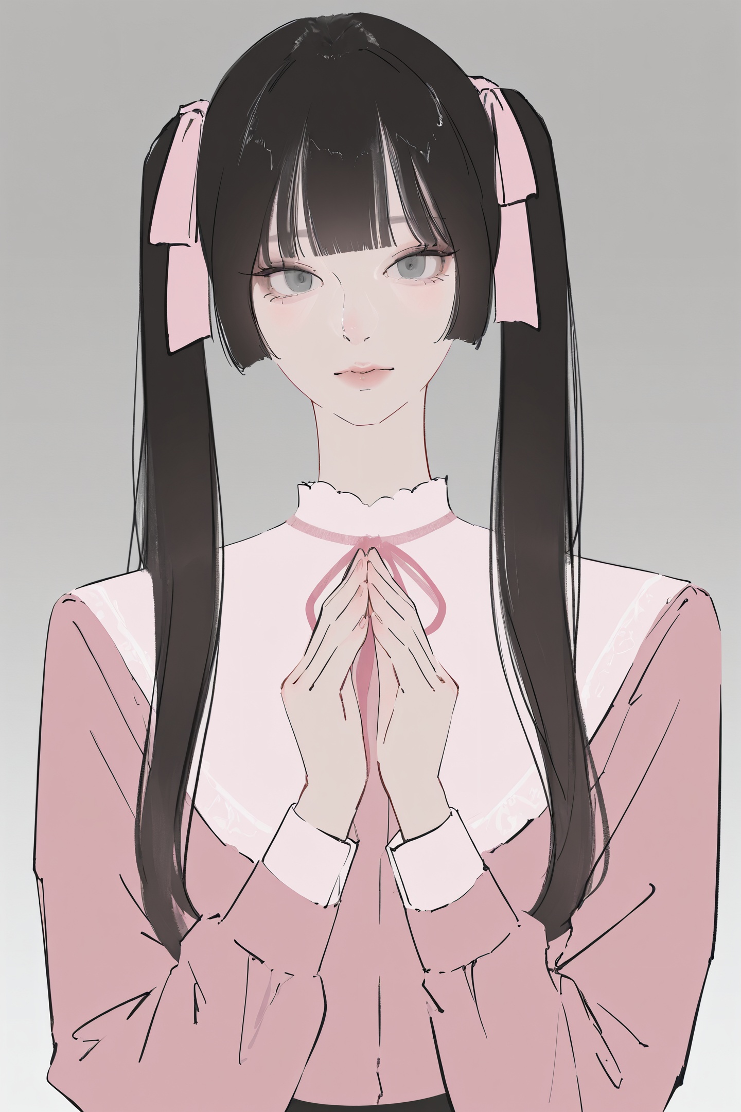 Chikitama Style,1girl,solo,twintails,pink shirt,black hair,shirt,ribbon,hair ribbon,looking at viewer,own hands together,upper body,grey eyes,grey background,long hair,pink ribbon,blunt bangs,gradient background,sketch,<lora:Chikitama_illustriousXL:1>,