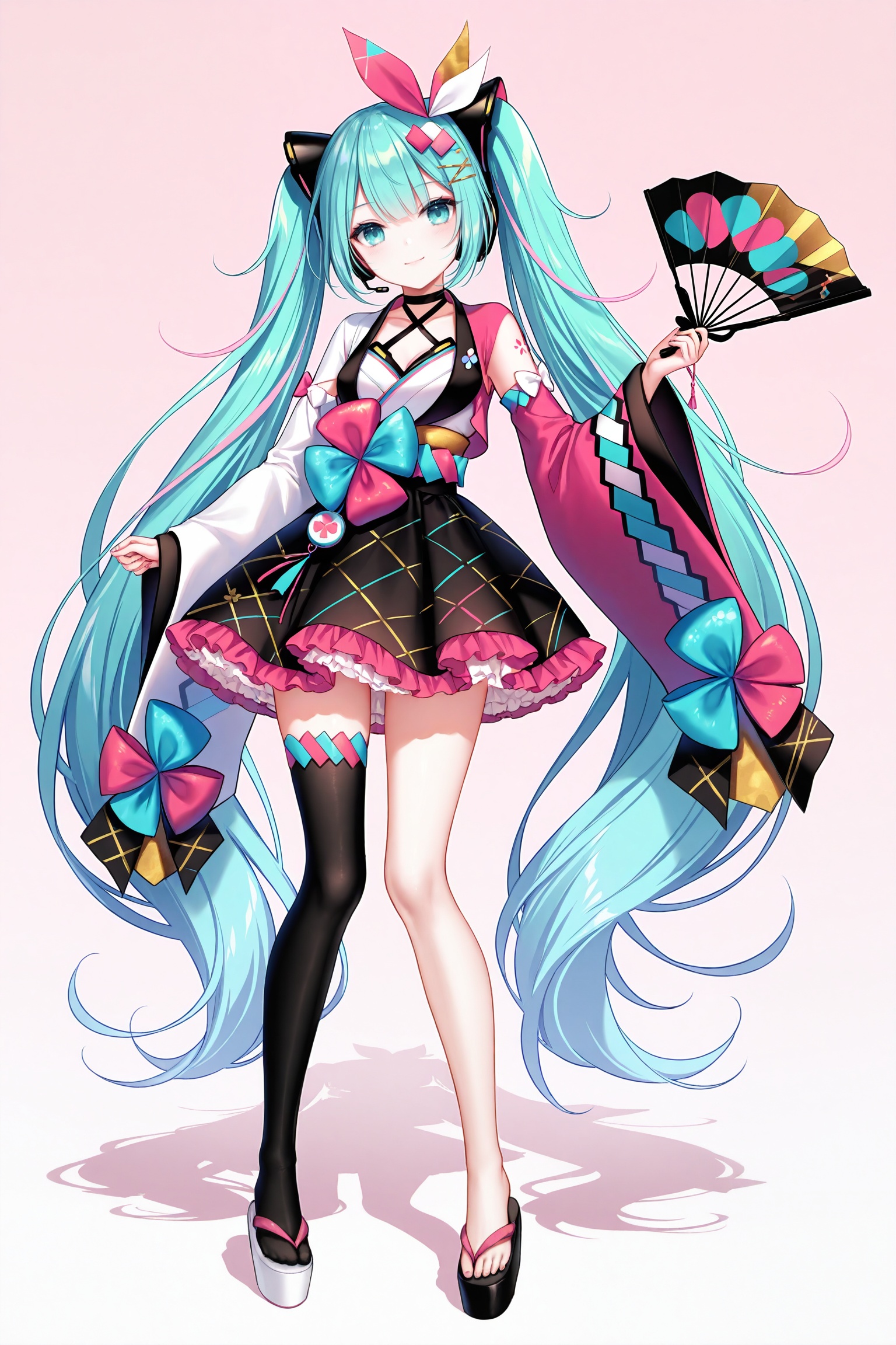 masterpiece,best quality,newest,absurdres,highres,soft shadows,photorealistic,(chen bin:0.5),(hiten \(hitenkei\):0.4),(rimuu:0.5),(mignon:0.5),(sheya:0.6),<lora:MMM2020summerXLNAI:1>,magical mirai miku \(2020 summer\),sandals,multicolored hair,hair ornament,japanese clothes,wide sleeves,hand fan,mismatched sleeves,white sleeves,pink sleeves,frilled skirt,black thighhighs,asymmetrical legwear,barefoot,platform footwear,mismatched footwear,white footwear,black footwear,full body,