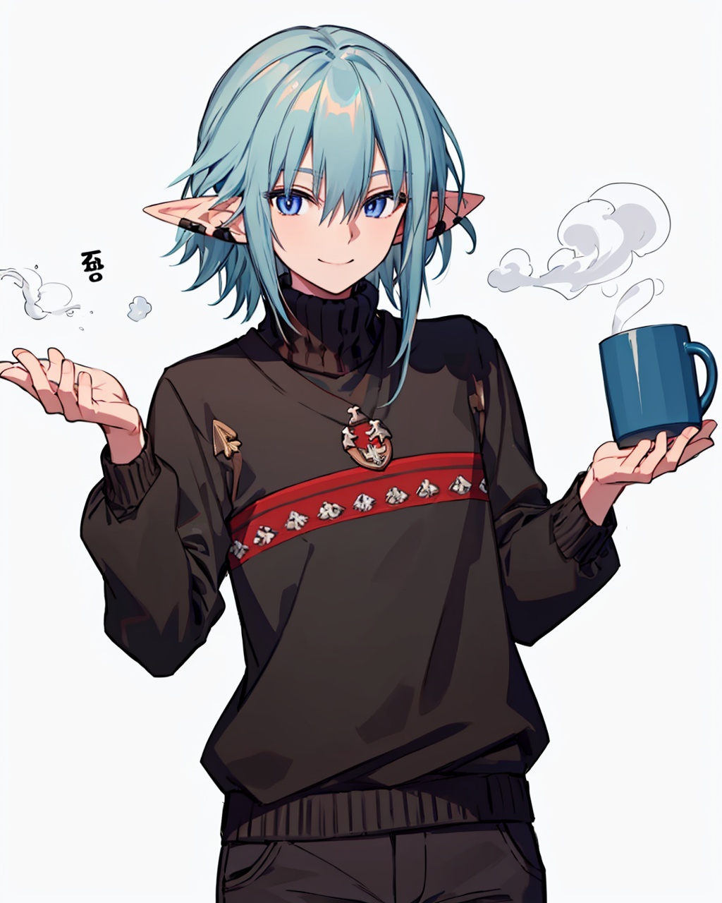 masterpiece,best quality, highly detailed, haurchefant greystone, solo, 1boy, holding cup, male focus, elf, white background, simple background, mug, sweater, steam, looking at viewer, smile, closed mouth, pants, sketch, turtleneck, long sleeves, cowboy shot,<lora:haurchefant_greystone:1>