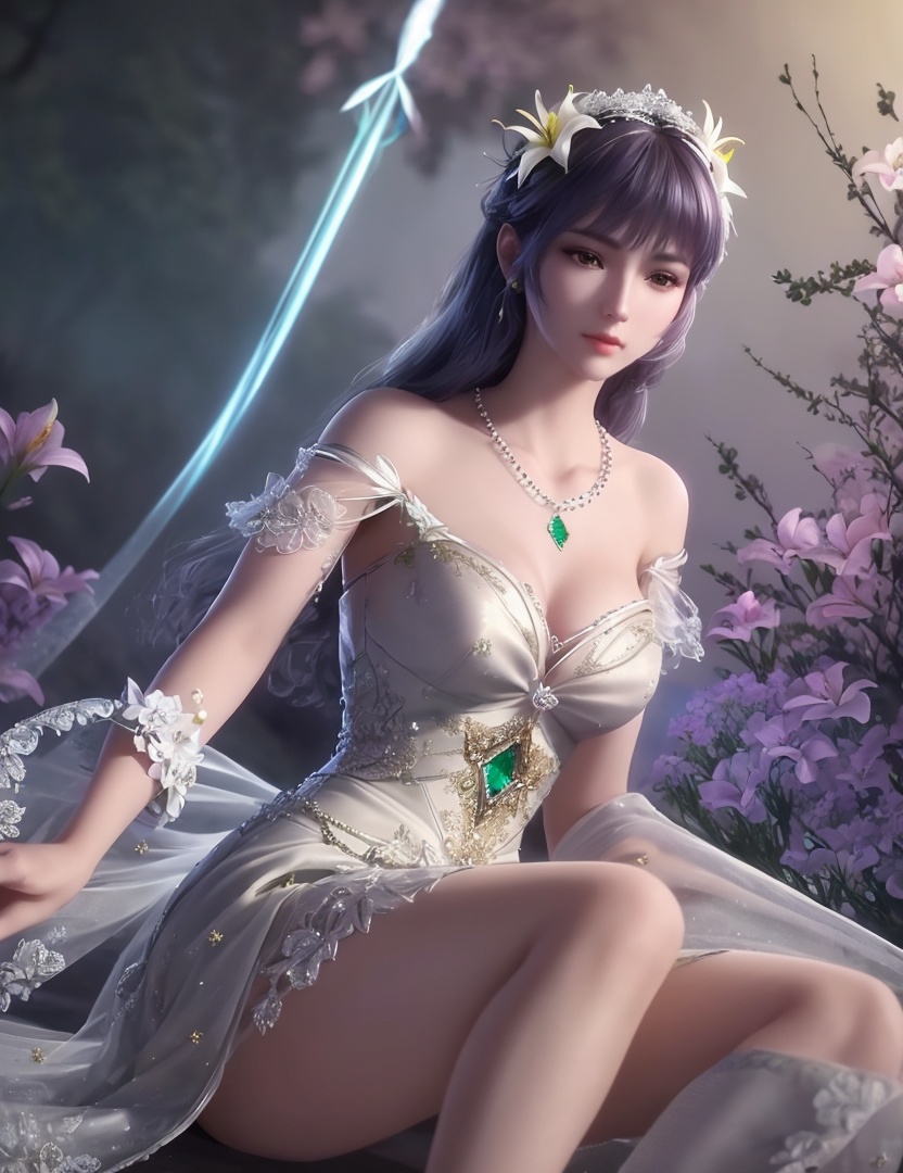 ultra realistic 8k cg, picture-perfect face, flawless, clean, masterpiece, professional artwork, famous artwork, cinematic lighting, cinematic bloom, perfect face, beautiful face, fantasy, dreamlike, unreal, science fiction,   lace, lace trim, lace-trimmed legwear,  (rich:1.4), prestige, luxury, jewelry, diamond, gold, pearl, gem, sapphire, ruby, emerald, intricate detail, delicate pattern, charming, alluring, seductive, erotic, enchanting, hair ornament, necklace, earrings, bracelet, armlet,halo((,1girl, pov,))  ((, 1girl, solo, star_\(symbol\),lily \(flower\),hair flower, dress, jewelry))<lora:DA_BaiChenXiang:0.6>