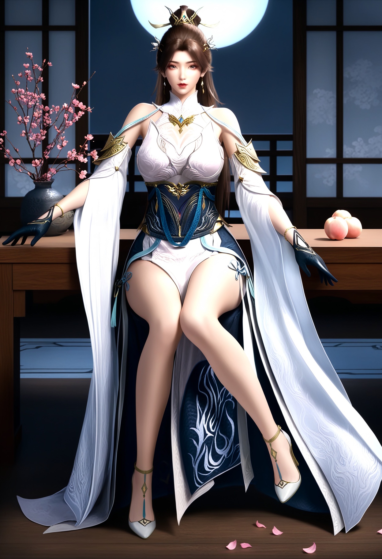 masterpiece,best quality,amazing quality,high resolution,ultra-detailed,absurdres,(looking at viewer:1.1),(Dark room:1.3),(moody lighting:1.1),peach blossom,falling petals BREAK large breasts,lingxi,1girl,solo,long hair,brown hair,jewelry,dress,hair ornament,earrings,bare shoulders,white dress,detached sleeves,hair bun,gloves,chinese clothes,high heels BREAK photorealistic details,<lora:QQSilllingxiV1:0.8>,