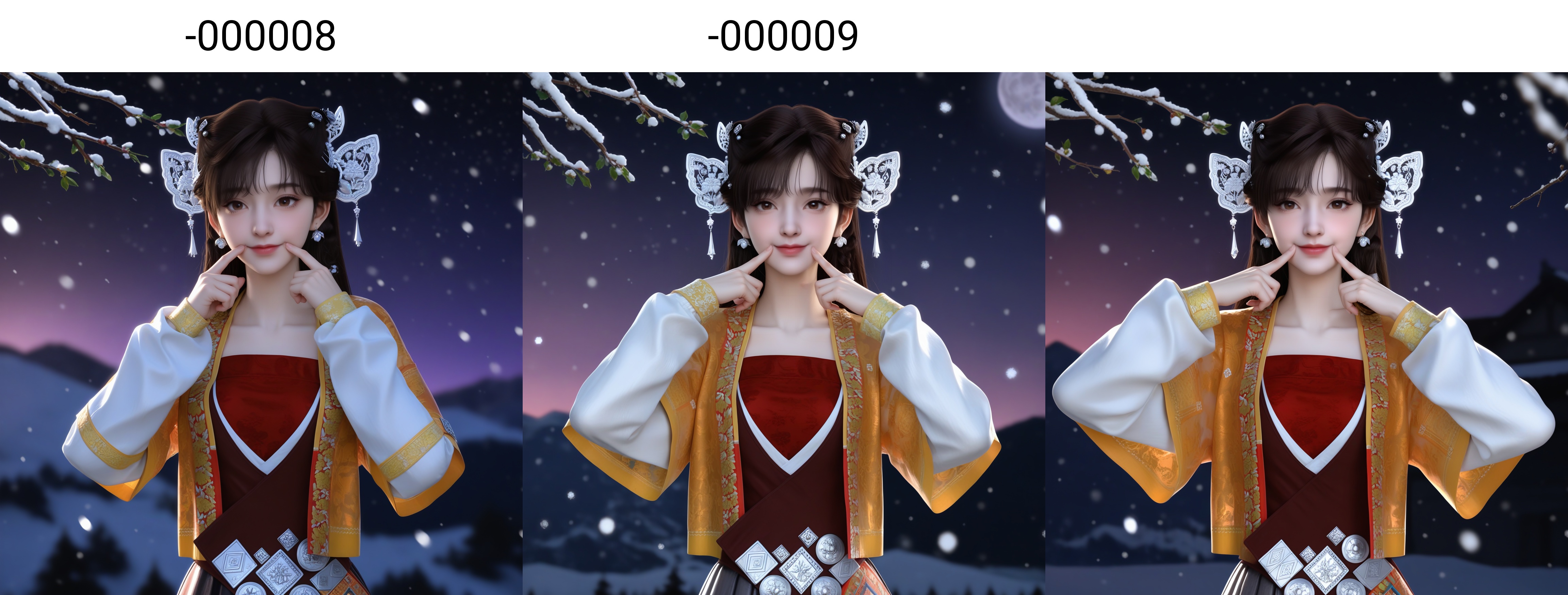 masterpiece,best quality,absurdres,highres,<lora:雪见-ill-000008:0.85>,1girl,solo,dangling tassels,filigree design,butterfly-shaped hairpiece,silver hairpins,hair ornament,dark brown hair,pearl beads,pearl earrings,twin braids,long hair,light blush,brown eyes,layered_dress,short jacket,red tube top,puffed sleeves,white inner sleeves,waist belt,embroidered cuffs,pleated skirt,XueJian,collarbone,upper body,(fingersmile:1.1),light blush,light smile,BREAK(white_skin:1.1),(fair_skin:1.1),realistic,twig,branch,falling petals,snow,snowing,snowflakes,simple background,black background,rim light,Volumetric Lighting,lens flare,Tyndall effect,depth of field,bokeh,sparkle,moon,star \(sky\),purple sky,