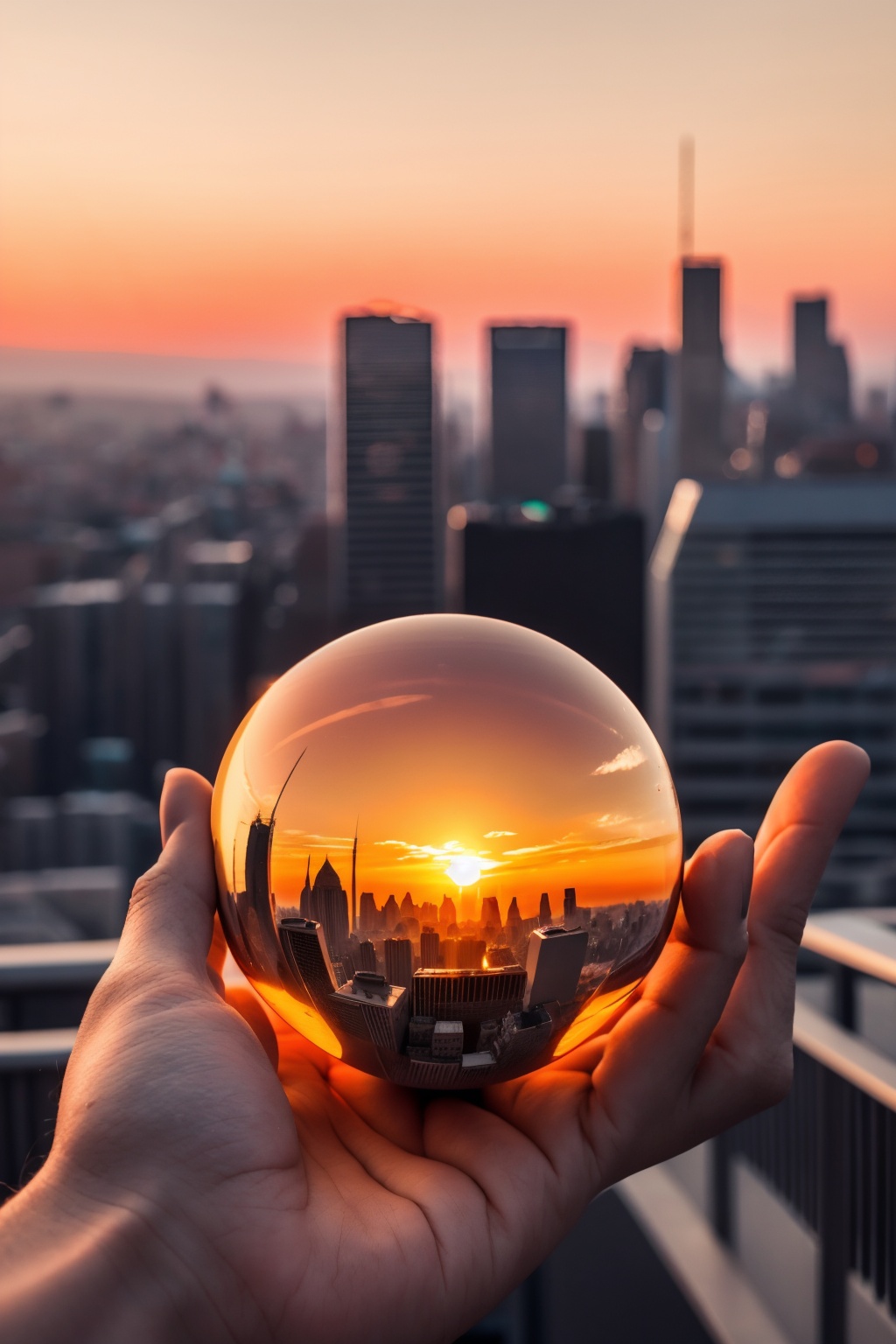 Still life photography,A person's hand gently holds a clear glass sphere,within which a city skyline is captured during sunset. The sun casts a warm orange hue over the buildings,creating a serene and reflective ambiance,, masterpiece,best quality,