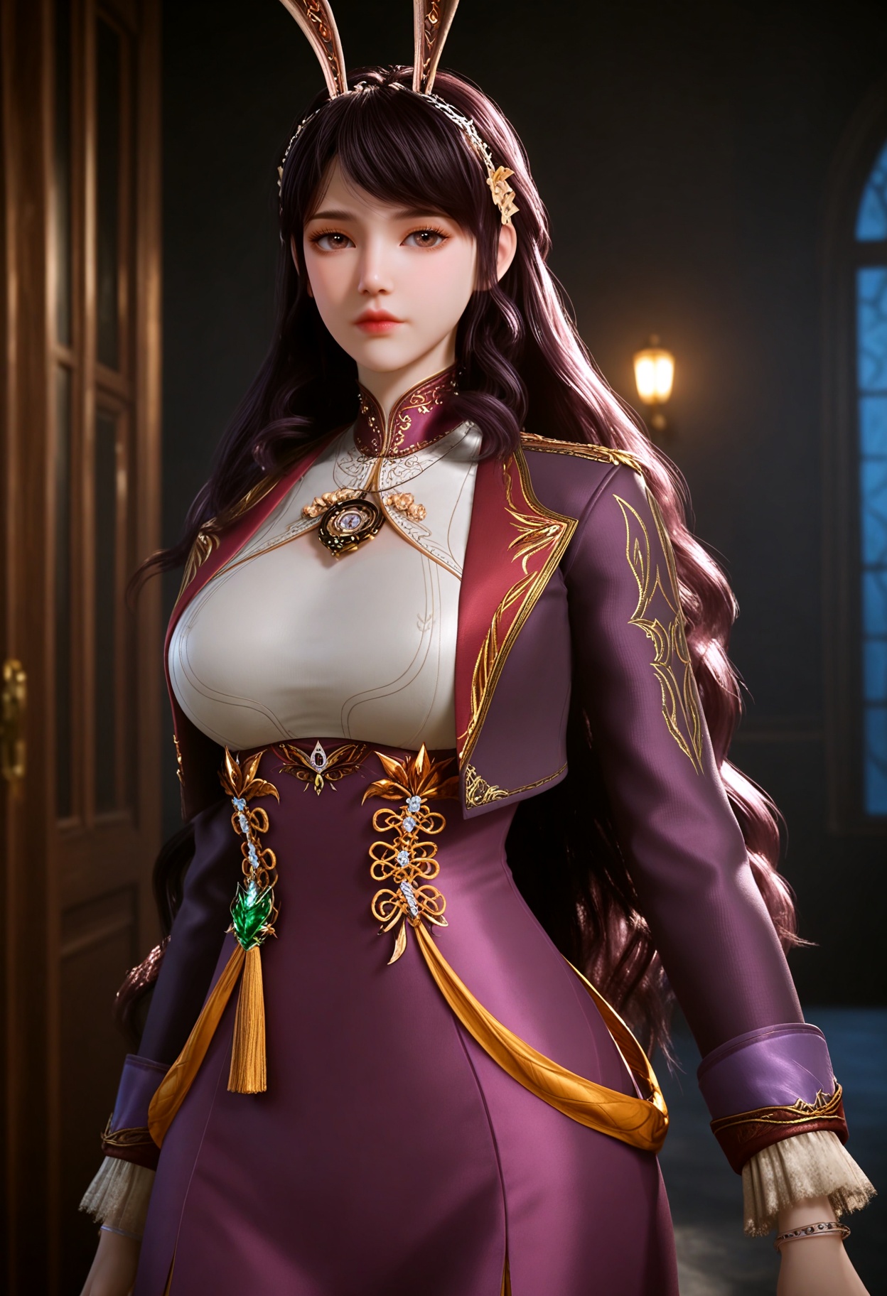 upper_body,(gigantic breasts:0.6),(slender:1.3),(looking_at_viewer:1.1),(masterpiece:1.1),(best quality:1.2),(intricate details),(smog:1.3),(Dark room:1.3),(dim lighting:1.3),<lora:YQ_Illustrious光辉v5_江楠楠_V1:0.8>,(q1528437228:1.3),solo,1girl,long_hair,black_hair,brown_eyes,realistic,brown_hair,hair_ornament,rabbit_ears,animal_ears,jewelry,flower,hair_flower,hairband,skirt,long_sleeves,fake_animal_ears,purple_skirt,tiara,very_long_hair,anklet,crown,necklace,pantyhose,thighhighs,gem,purple_dress,masterpiece,(best quality),(intricate details:0.9) BREAK (intricate details:0.9),(realistic skin:1.2),masterpiece,best quality,newest,absurdres,hiahres,