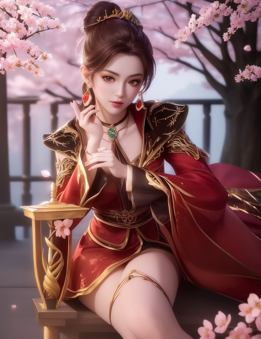 ultra realistic 8k cg, picture-perfect face, flawless, clean, masterpiece, professional artwork, famous artwork, cinematic lighting, cinematic bloom, perfect face, beautiful face, fantasy, dreamlike, unreal, science fiction,  beautiful clothes, lace, lace trim, lace-trimmed legwear,  (rich:1.4), prestige, luxury, jewelry, diamond, gold, pearl, gem, sapphire, ruby, emerald, intricate detail, delicate pattern, charming, alluring, seductive, erotic, enchanting, hair ornament, necklace, earrings, bracelet, armlet,halo((,1girl, pov,))(((cherry_blossoms, branch, 1girl, tree, spring_\(season\), solo, petals, black_hair, japanese_clothes,looking at viewer, )))    <lora:DA_MaXiaoTao:0.6>