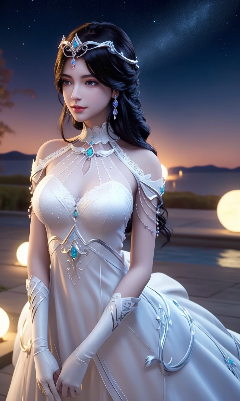 ,1girl, pov,,moon, full moon, moonlight,night,(,star_\(sky\), starry_sky, night, moon, night_sky, sky, shooting_star, full_moon, letterboxed, 1girl, solo, space, earth_\(planet\), planet, cloud, blue_sky, aurora, dress)<lora:DA_BaiYe:0.6>ultra realistic 8k cg, picture-perfect face, flawless, clean, masterpiece, professional artwork, famous artwork, cinematic lighting, cinematic bloom, perfect face, beautiful face, fantasy, dreamlike, unreal, science fiction, huge breasts, beautiful clothes, lace, lace trim, lace-trimmed legwear, (rich:1.4), prestige, luxury, jewelry, diamond, gold, pearl, gem, sapphire, ruby, emerald, intricate detail, delicate pattern, charming, alluring, seductive, erotic, enchanting, hair ornament, necklace, earrings, bracelet, armlet,halo     