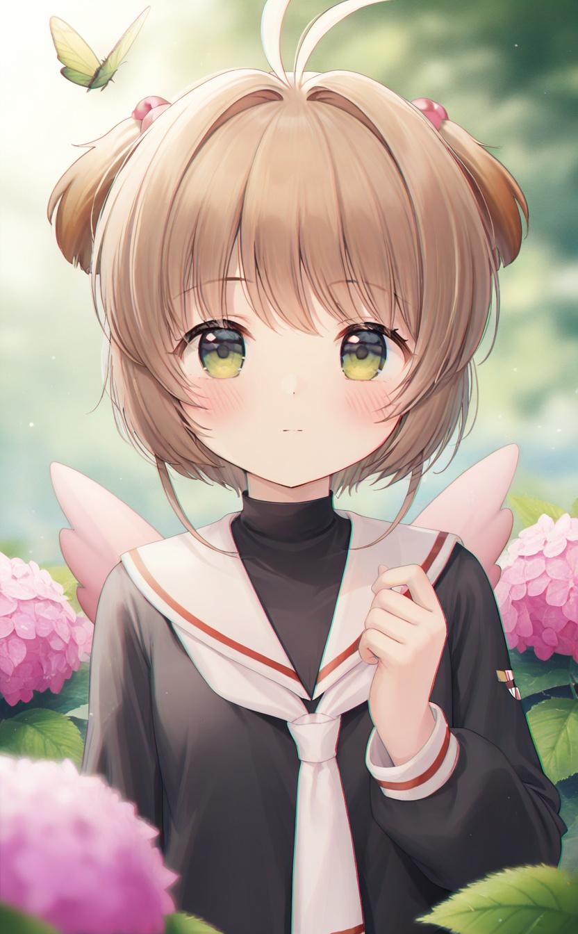 masterpiece,absurdres,best quality,high quality,chromatic_aberration,//,1girl,solo,looking at viewer,bug,portrait,blush,blurry,plant,pink flower,blurry background,hydrangea,leaf,blurry foreground,//,xiaoying,tomoeda elementary school uniform,school uniform,brown hair,green eyes,short hair,antenna hair,standing,white sailor collar,long sleeves,shirt,black shirt,sailor collar,closed mouth,wings,animal ears,serafuku,white necktie,<lora:xiaoying:1>,<lora:guizhencao-style:0.4>,guizhencao style,