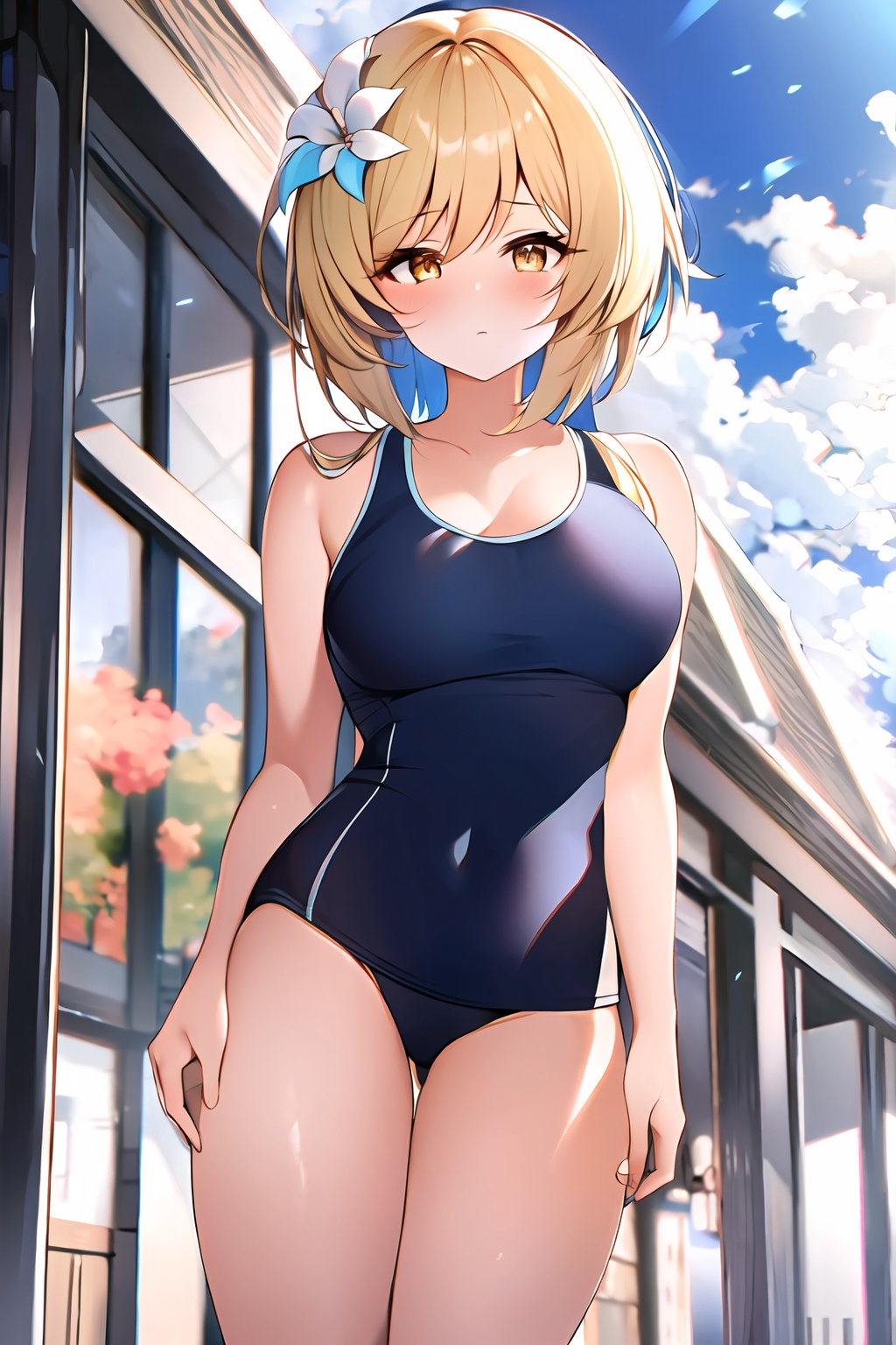 insanely detailed,absurdres,ultra-highres,ultra-detailed,best quality,slender,kawaii,perfect symmetrical face,ultra cute girl,ultra cute face,ultra detailed eyes,ultra detailed hair,ultra cute,ultra beautifu,1girl,lumine \(genshin impact\),solo,breasts,outdoors,school swimsuit,yellow eyes,<lora:qqq-sukumizu-v2-000005（死库水）:1>,sukumizu,<lora:lumine-000008:0.8>,