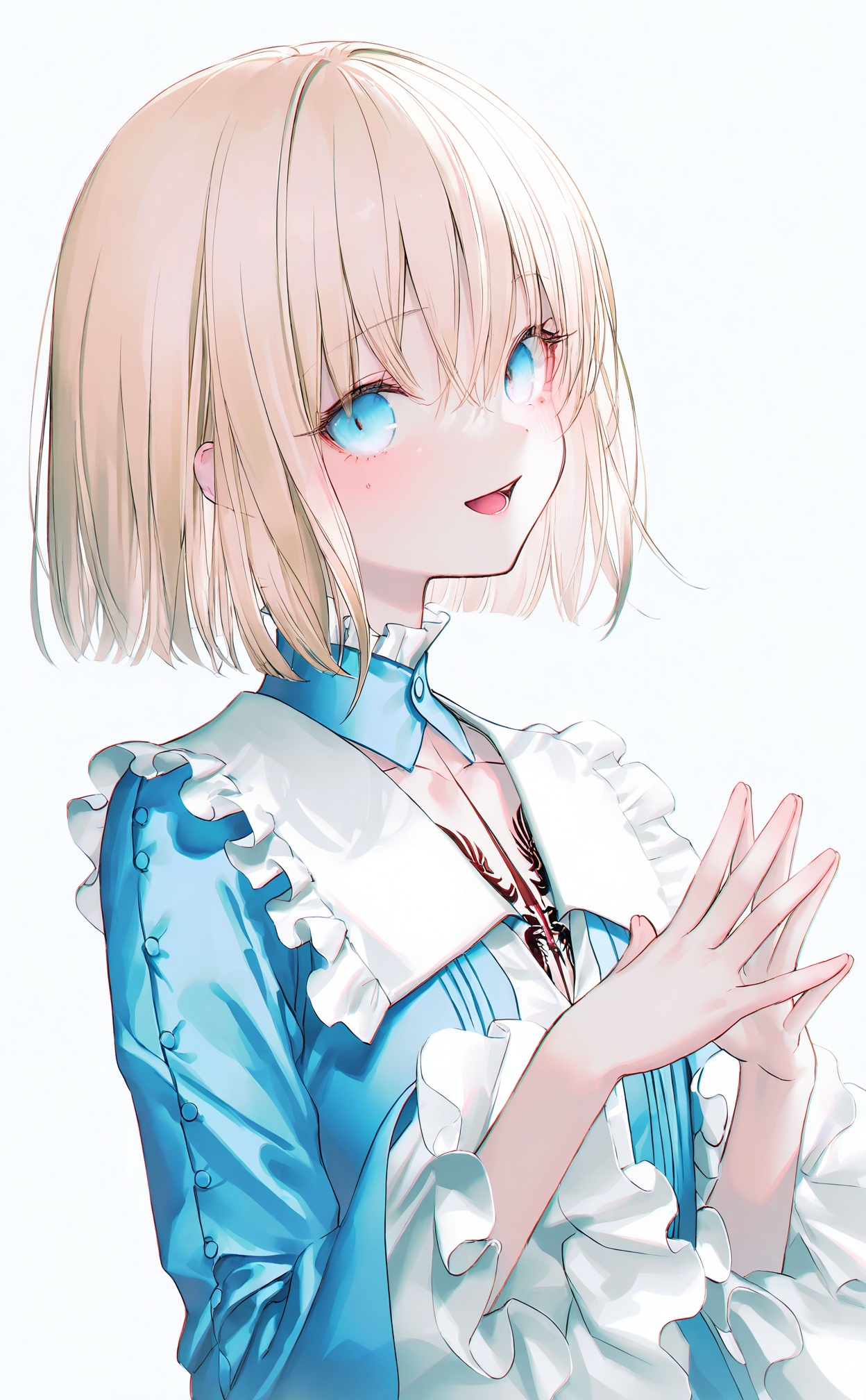 masterpiece,highres,absurdres,newest,best quality,loli,petite,high quality,chromatic_aberration,//,sajou_manaka,blue_eyes,1girl,solo,looking_at_viewer,smile,blush,blonde_hair,upper_body,open_mouth,dress,blue_dress,frills,steepled_fingers,short_hair,tattoo,frilled_collar,chest_tattoo,hair_between_eyes,official_alternate_costume,own_hands_together,//,(rhasta:0.9),Artist:na-ga,(kiwi500g:1.1),[yoggi_(stretchmen)],(quasarcake:0.2),(wanke:0.9),(iumu:0.72),(toosaka asagi:0.4),(Artist:chen bin:0.9),//,<lora:sajou_manaka——【noob】hans:1>,