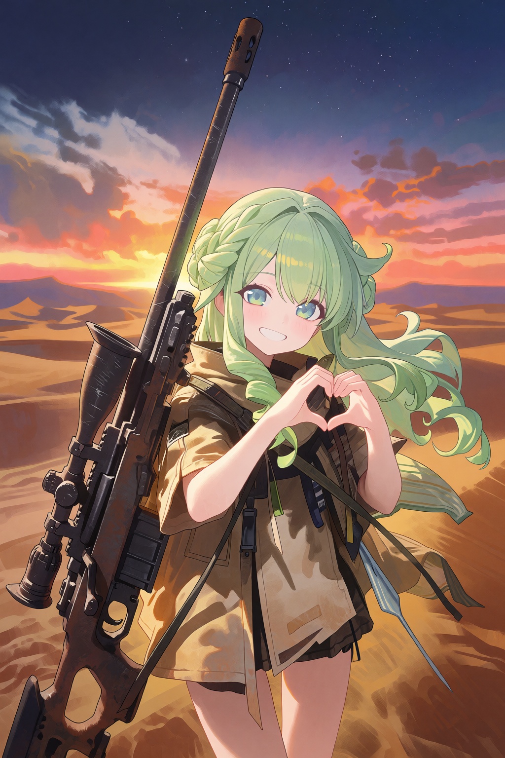 A heartwarming yet striking fantasy anime illustration capturing a contrast of themes,  featuring a young girl holding a p...