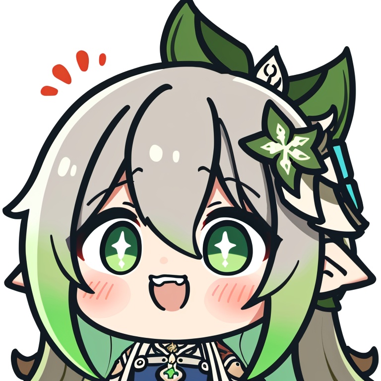 ((HRD, HUD, 8K)),((masterpiece, best quality)), highly detailed, soft light,EmojiPack, 1girl, nahida (genshin impact), solo, green eyes, pointy ears, hair ornament, multicolored hair, open mouth, symbol-shaped pupils, smile, looking at viewer, bangs, green hair, white hair, cross-shaped pupils, blush, braid, gradient hair, side ponytail, chibi, hair between eyes, long hair, female child, :d, leaf hair ornament, teeth, grey hair, <lora:20240527-1716802627504:0.8>