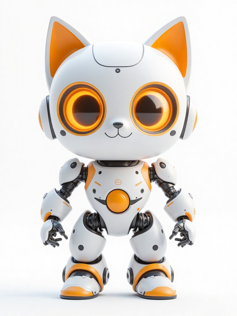 HIRO,A highly detailed CGI rendering of a cute, anthropomorphic cat robot with large, glowing orange eyes, white and orange body, and sleek, futuristic design. The robot has a small, rounded head with cat ears, and a smiling expression. It stands against a plain white background, showcasing its advanced, mechanical limbs and joints. 