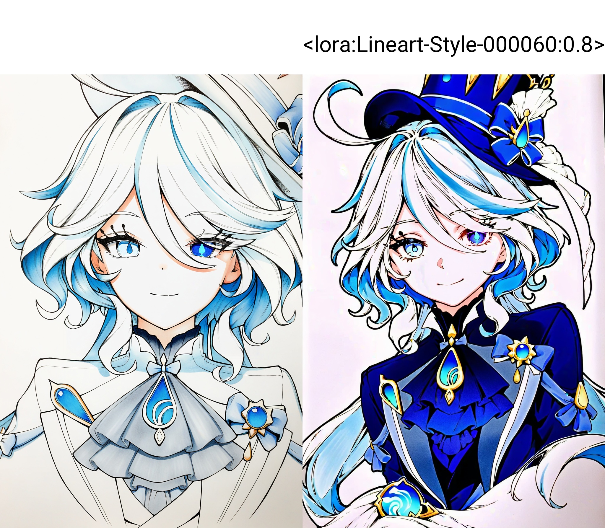 highres,absurdres,Visual impact,masterpiece,best quality,very aesthetic,amazing quality,newest,lineart,traditional media,greyscale,\\//,1girl, solo, blue eyes, looking at viewer, multicolored hair, smile, white hair, upper body, blue hair, blue ascot, ascot, long hair, streaked hair, furina \(genshin impact\), blue brooch, hair between eyes, closed mouth