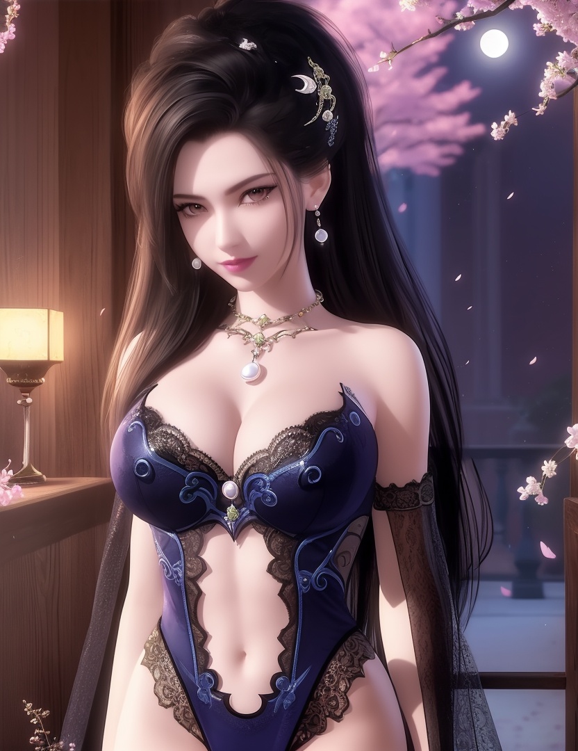 ultra realistic 8k cg, picture-perfect face, flawless, clean, masterpiece, professional artwork, famous artwork, cinematic lighting, cinematic bloom, perfect face, beautiful face, fantasy, dreamlike, unreal, science fiction,  beautiful clothes, lace, lace trim, lace-trimmed legwear,  (rich:1.4), prestige, luxury, jewelry, diamond, gold, pearl, gem, sapphire, ruby, emerald, intricate detail, delicate pattern, charming, alluring, seductive, erotic, enchanting, hair ornament, necklace, earrings, bracelet, armlet,halo((,1girl, pov,))(((,, 1girl, solo, moon, breasts, outdoors,cherry blossoms, cleavage, black_hair, hair_ornament, long_hair, jewelry,looking at viewer, ))) <lora:DA_CaoNvYao:0.6> 