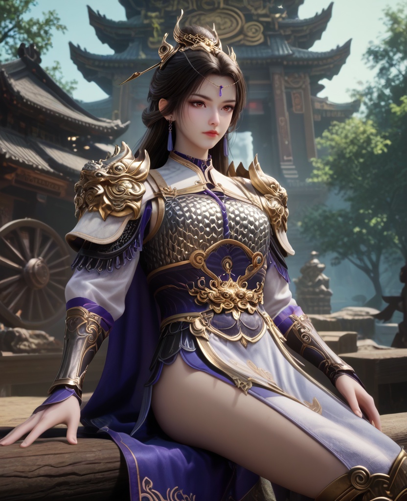 (oriental architecture, elegant decor, sophisticated style:1.1),(Sitting on a fallen log, legs crossed, looking content and peaceful,:1.1),(breasts:1.2),<lora:XL16牧神记虞渊初雨:0.95>,female general,white armor,orange eyes,forehead pendan,black hair,very long hair,half-up braid with long cascading hair,earrings,pauldrons,vambraces,sash,faulds,purple cape,jambeau,, score_9,score_8_up,score_7_up,score_6_up,score_5_up,score_4_up,3d rendering,tag1,tag2, Cinematic Lighting,backlighting,